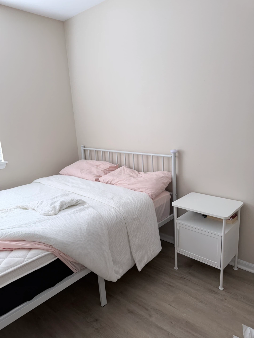 White Metal Full/Queen Bed Frame with Mattress , Nightstand