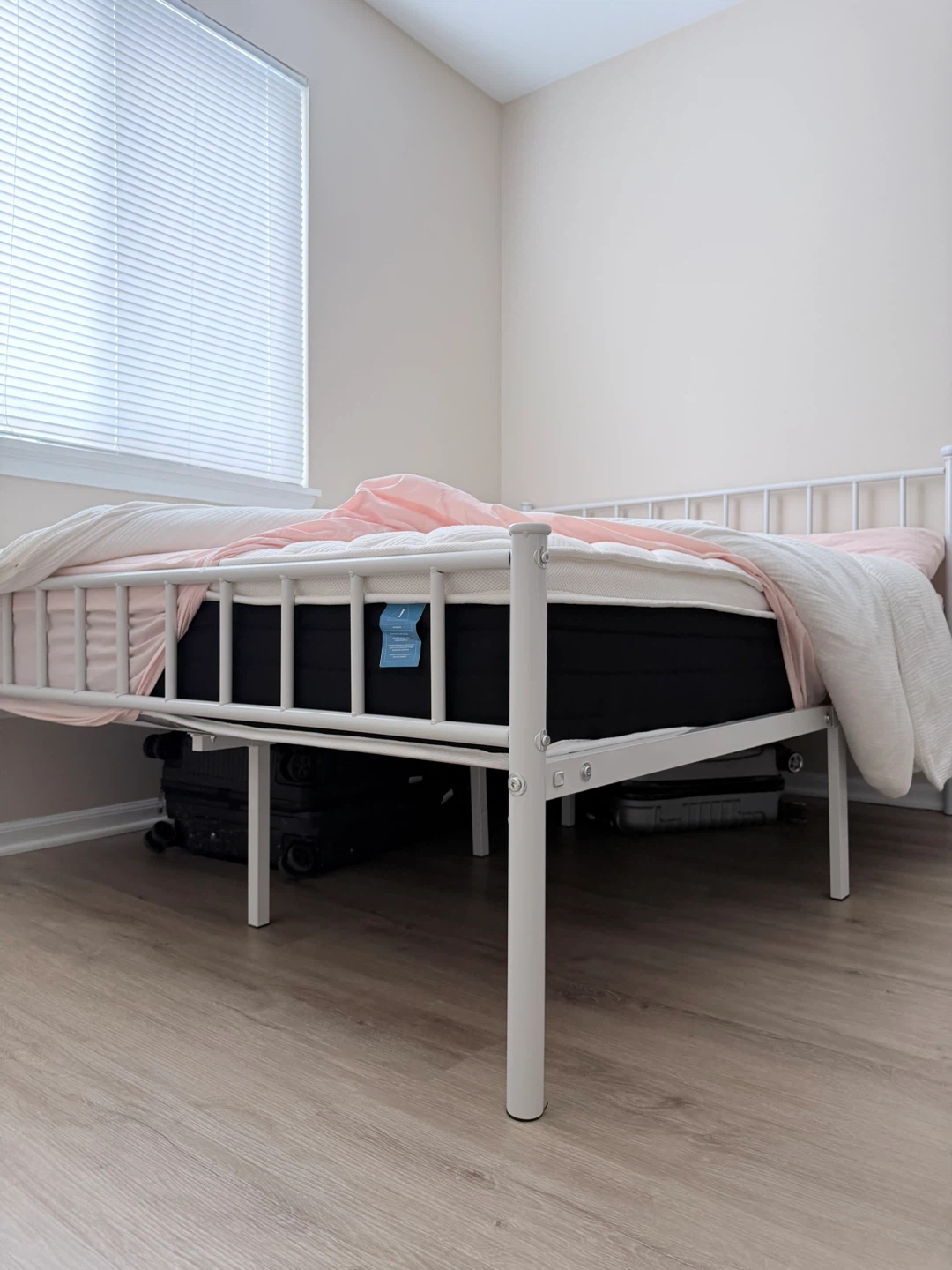 White Metal Full/Queen Bed Frame with Mattress , Nightstand - photo 3