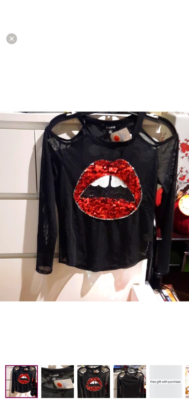 Black Mesh Cold Shoulder Top with Sequin Lips - Size S