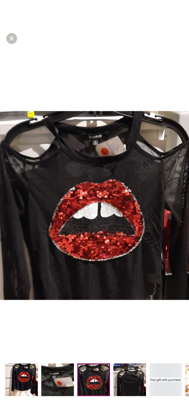 Black Mesh Cold Shoulder Top with Sequin Lips - Size S - photo 3