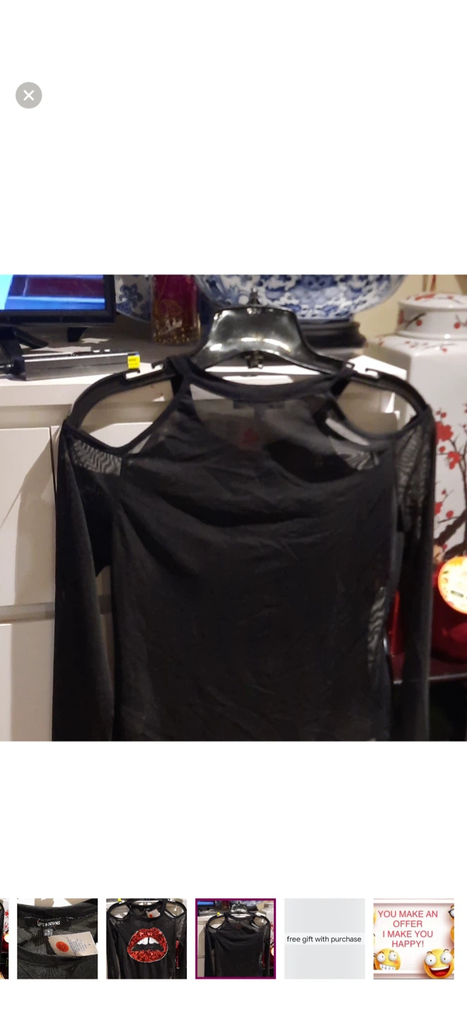 Black Mesh Cold Shoulder Top with Sequin Lips - Size S - photo 4