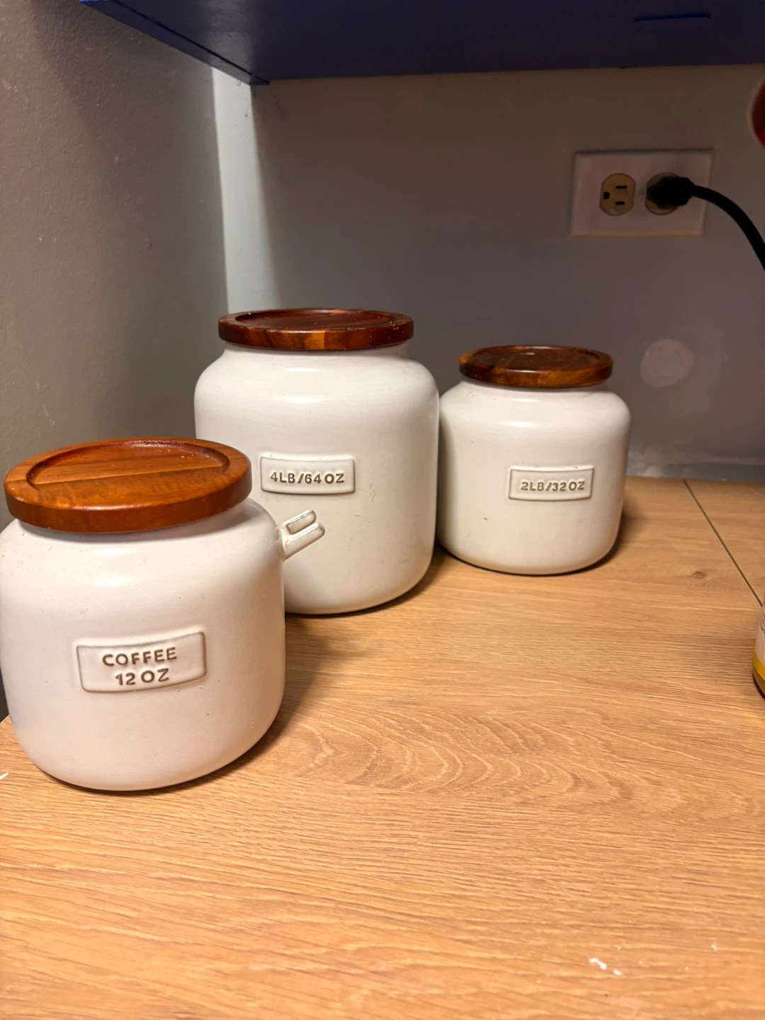 Set of 3 White Ceramic Canisters with Wood Lids
