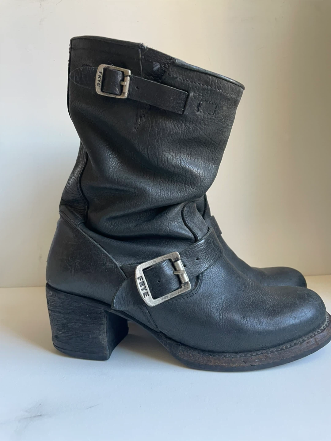FRYE Black Leather Buckle Motorcycle Boots