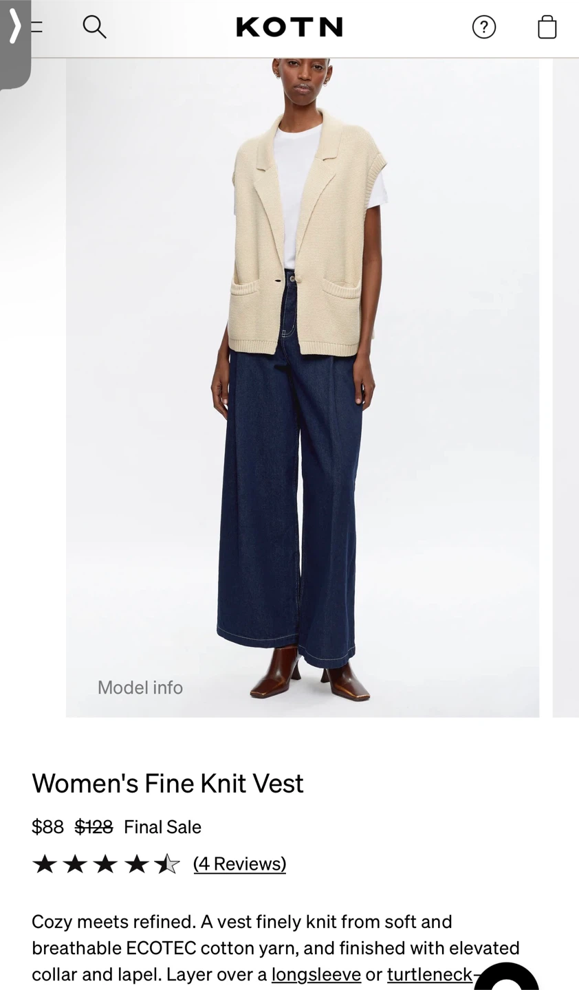 KOTN Women's Fine Knit Vest - Cream - Size M