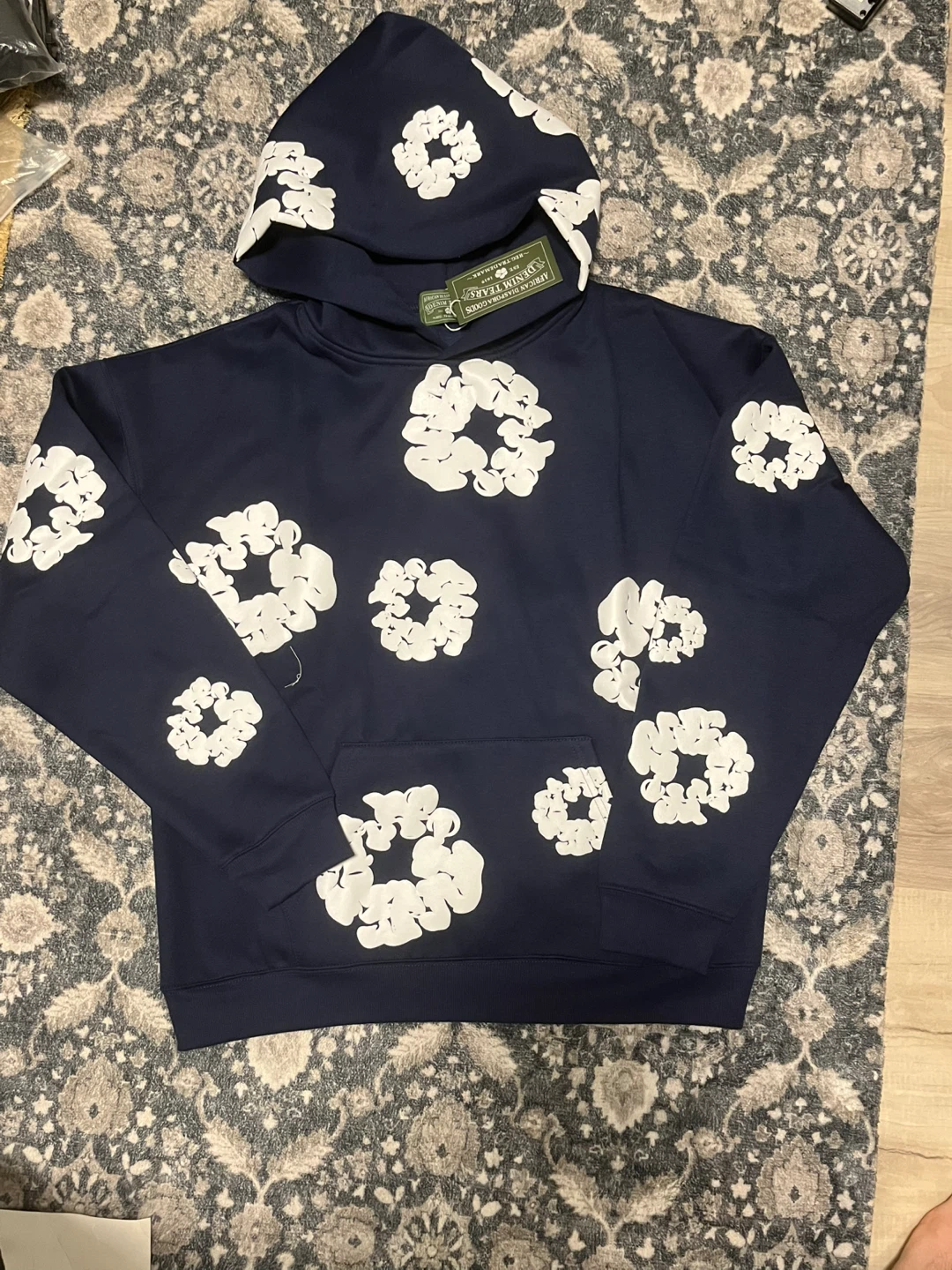DENIM TEARS Navy Hoodie with White Floral Print - Size M