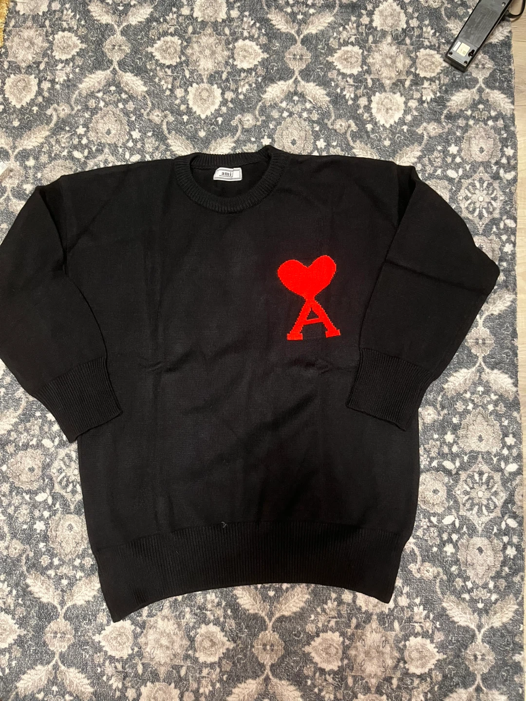 AMI Paris Black Sweater with Red Ami de Coeur Logo