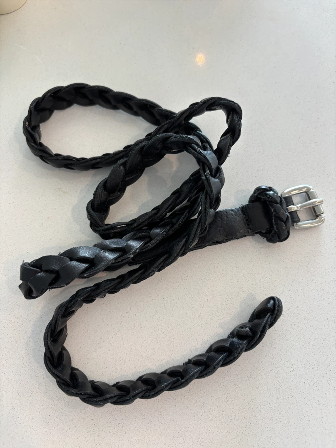 Aritzia Black Braided Leather Belt with Silver Buckle