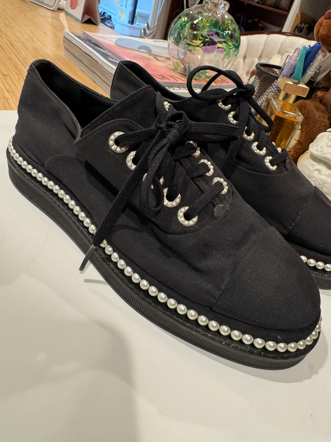 Chanel Black Canvas Pearl Embellished Sneakers - photo 2