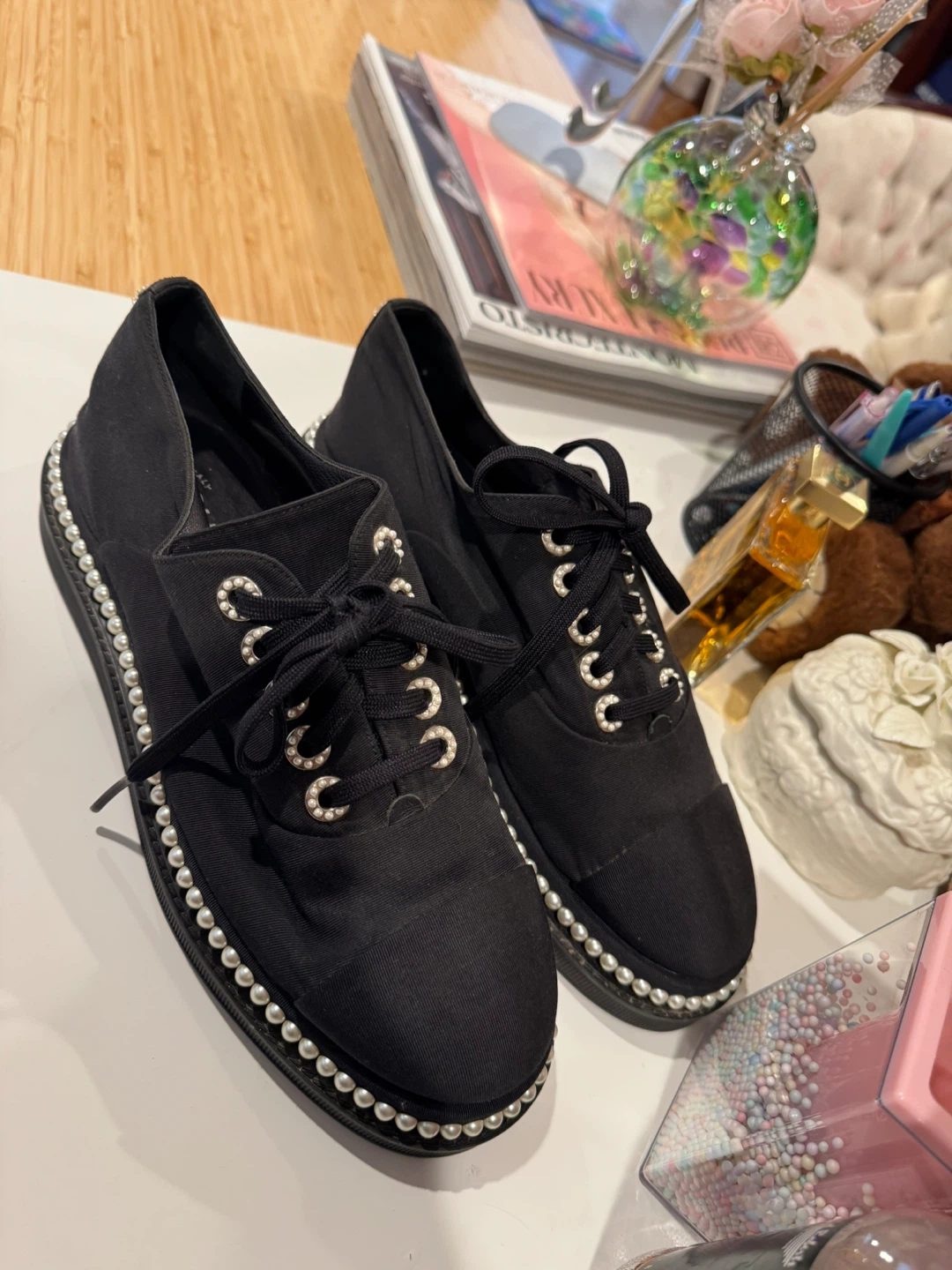Chanel Black Canvas Pearl Embellished Sneakers