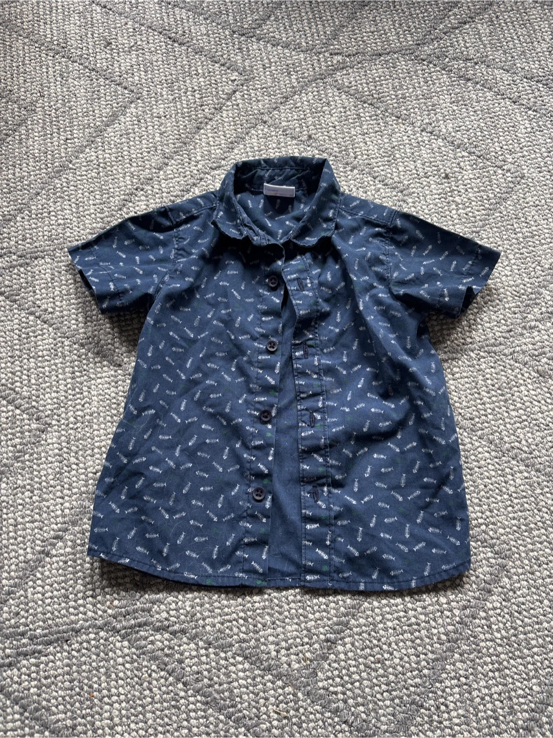 Boys' Navy Blue Fish Short Sleeve Button-Up 18M