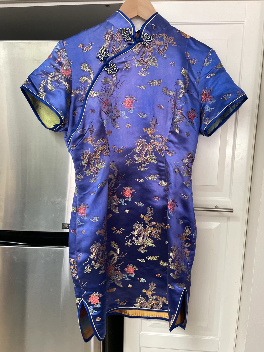 Blue Dragon Print Silk Cheongsam Dress