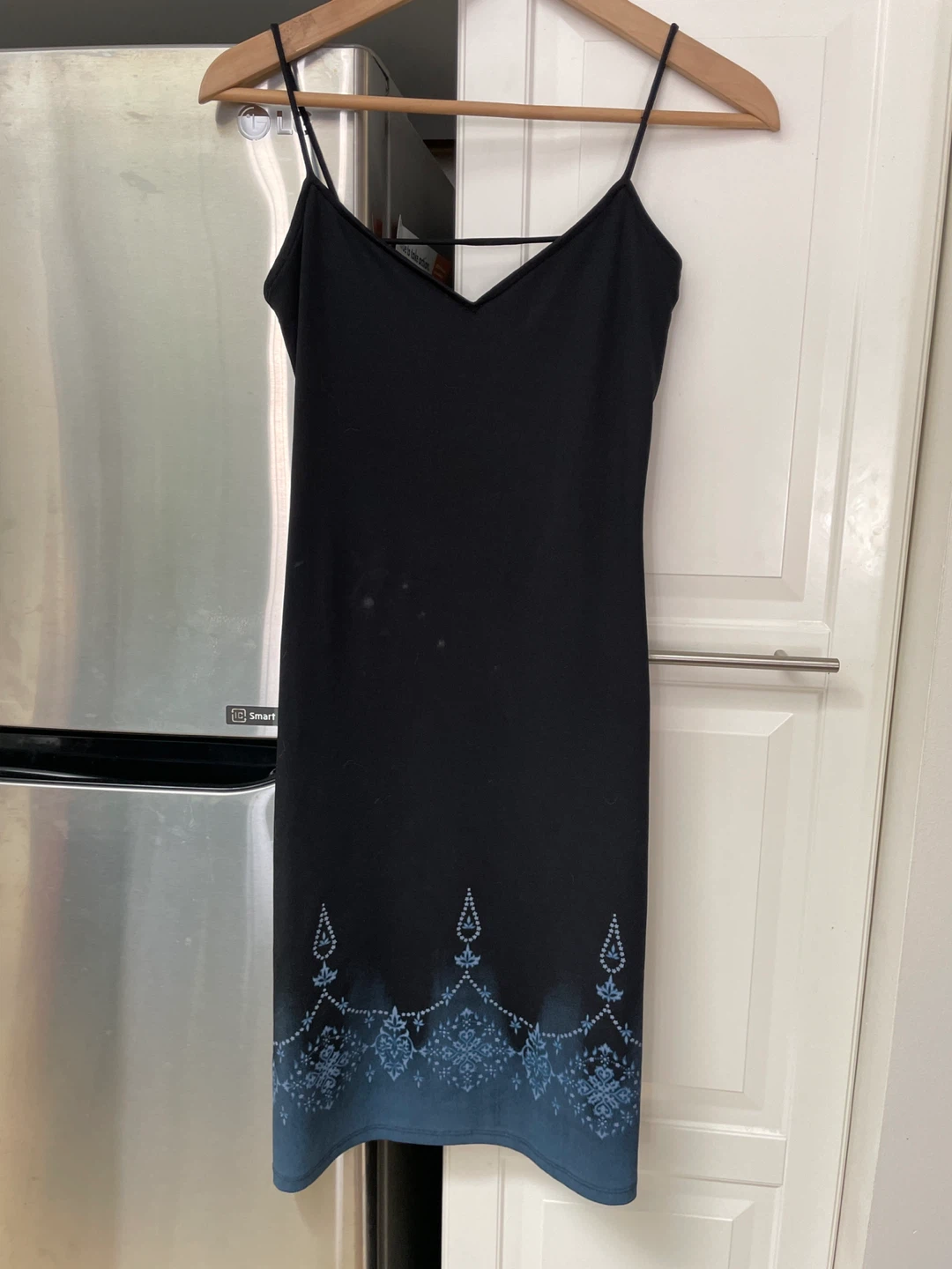 Black Spaghetti Strap Dress with Blue Print