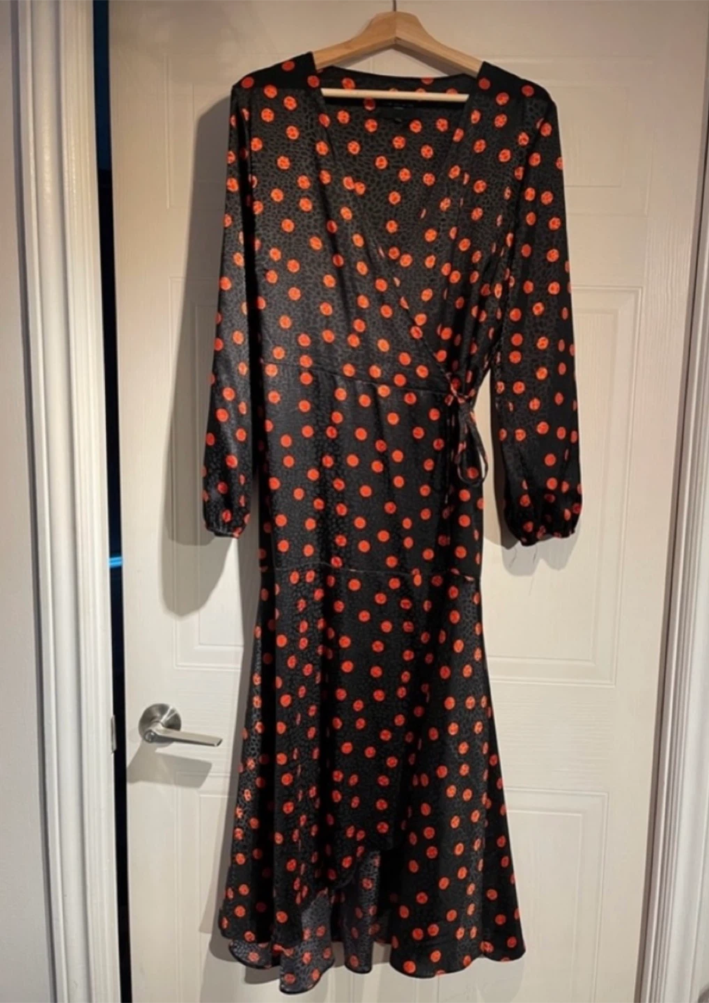 Black & Orange Dotted Polka Dot Print Wrap Dress Size XL - photo 2