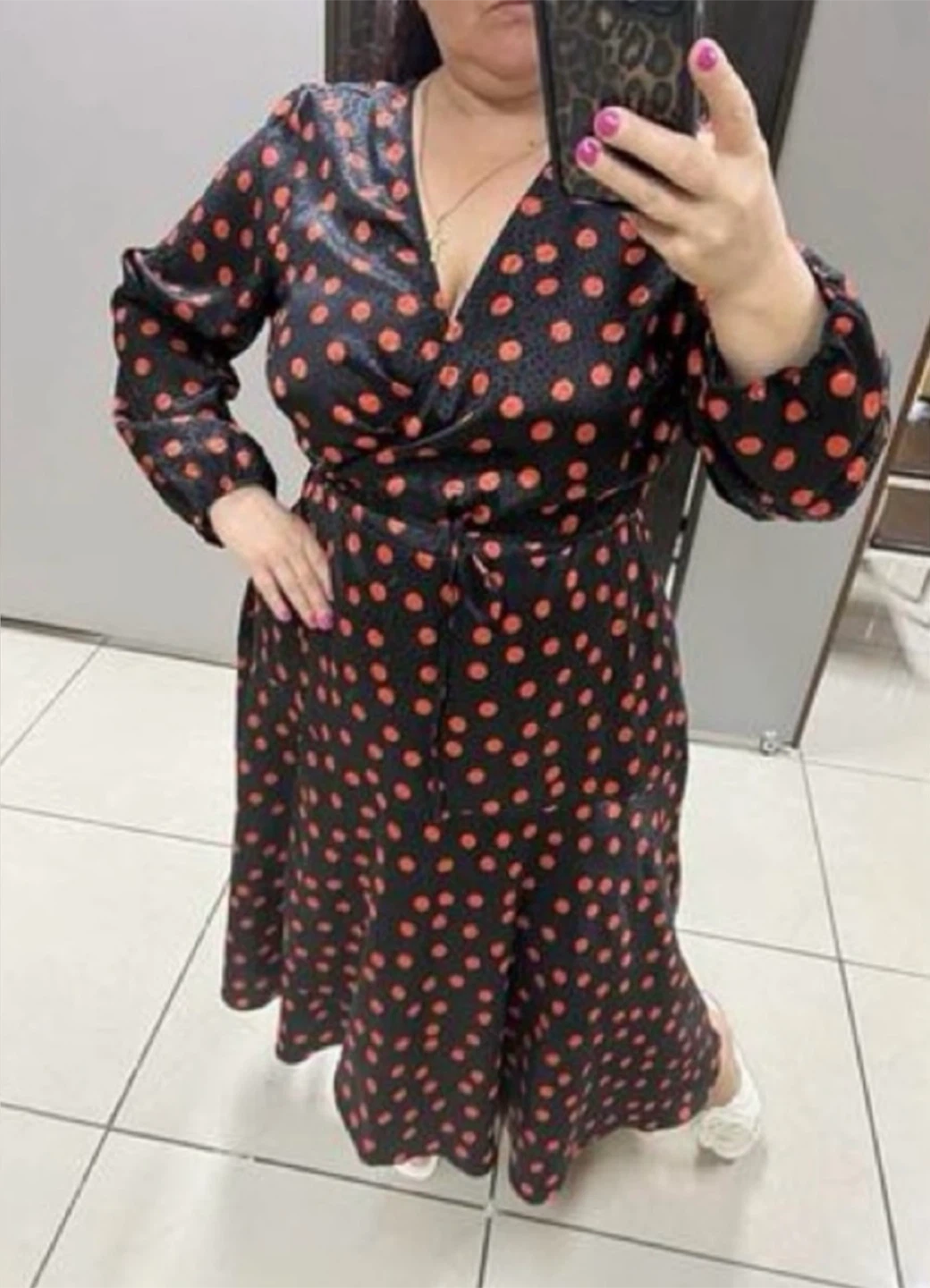 Black & Orange Dotted Polka Dot Print Wrap Dress Size XL