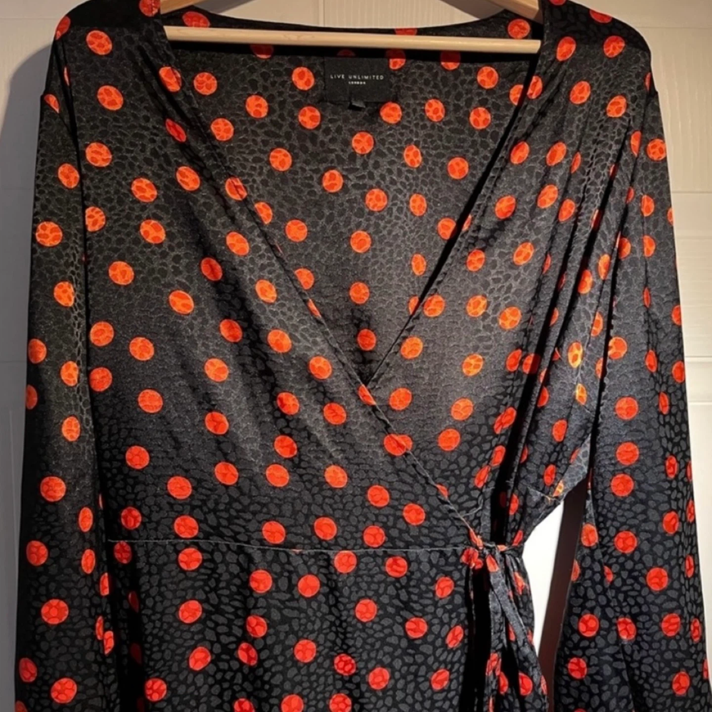 Black & Orange Dotted Polka Dot Print Wrap Dress Size XL - photo 3