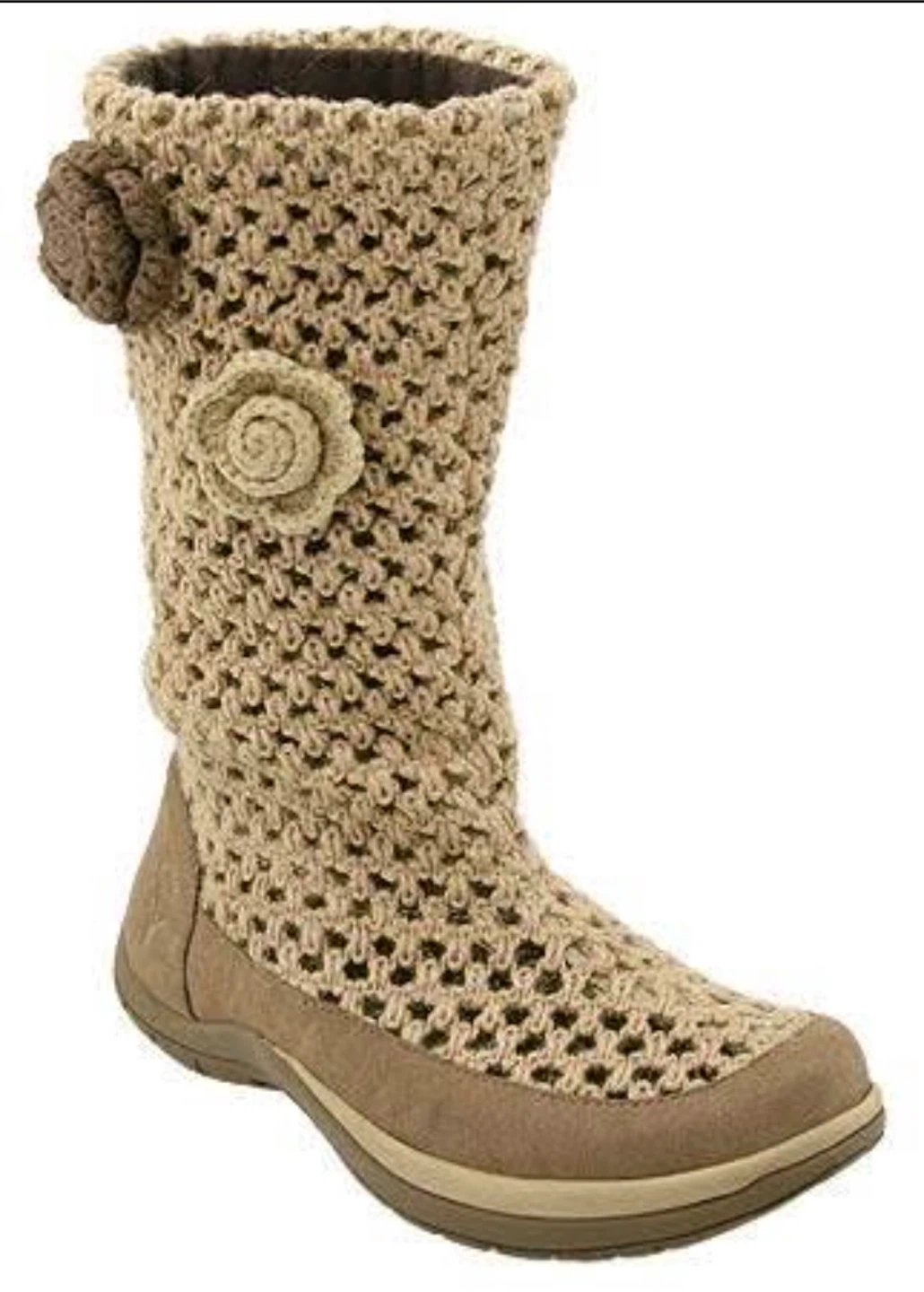 Earth brand Crocheted hemp boots with flower detail