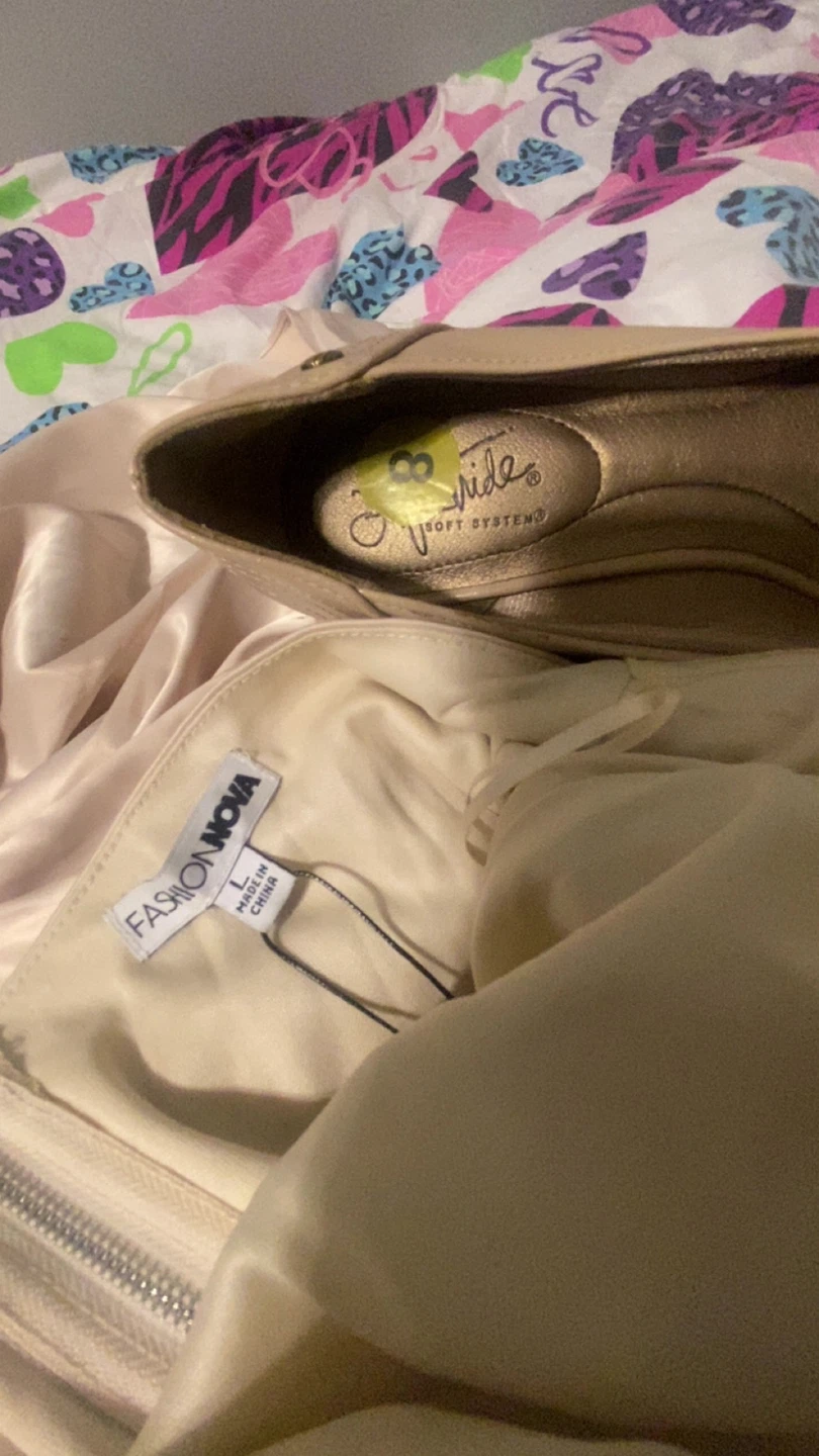 Fashion Nova Beige Satin Beaded Dress with Heels - photo 2