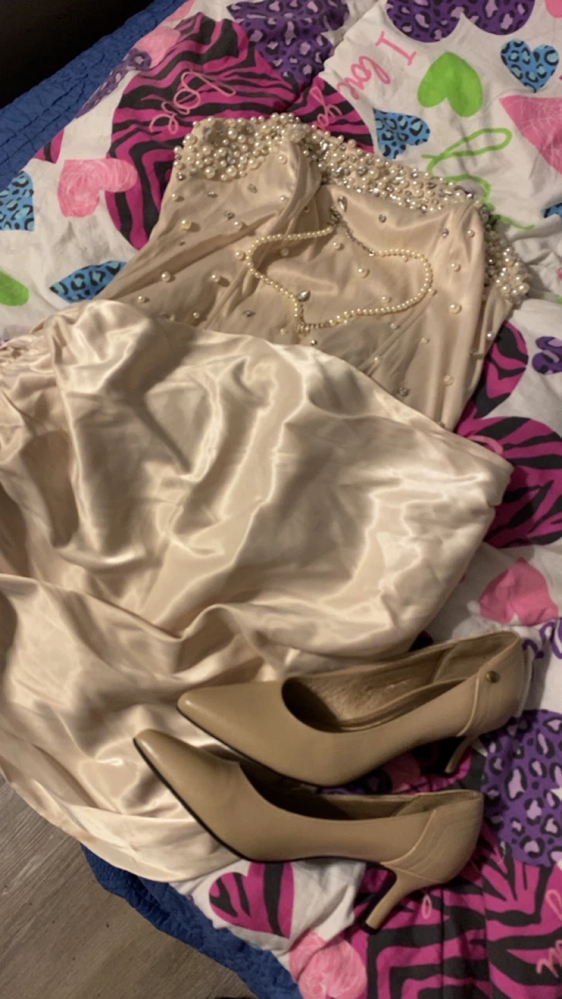Fashion Nova Beige Satin Beaded Dress with Heels