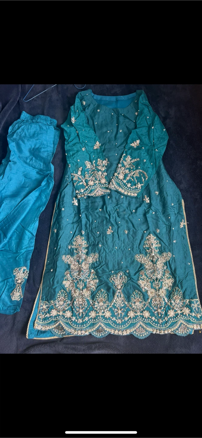 Teal Embroidered shirt trouser Set - photo 4