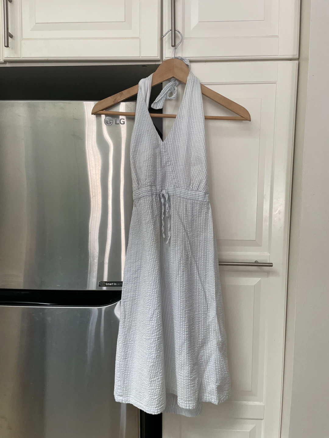 Blue and white striped seersucker halter dress