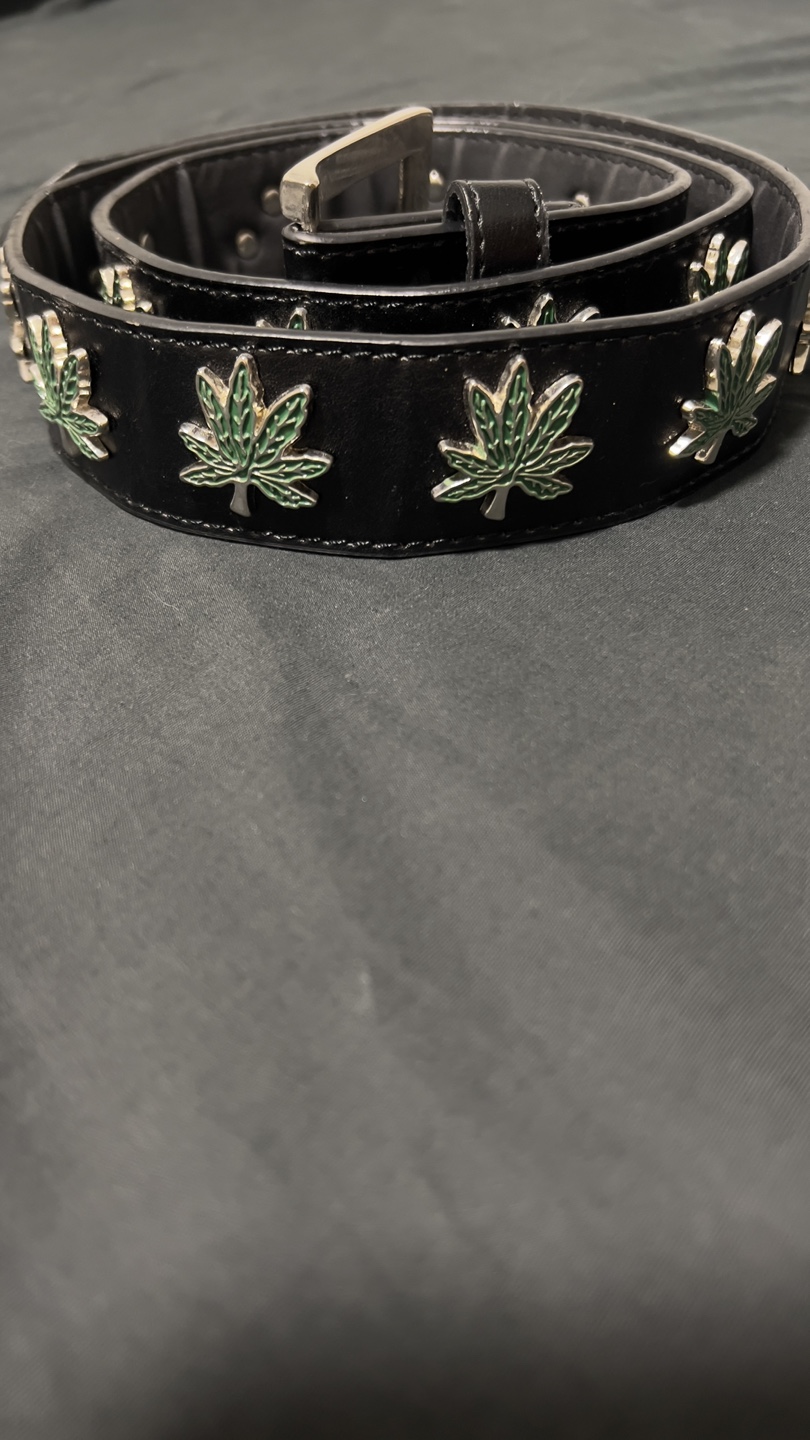 Unique Cannabis Leaf Studded Belt - Black Leather 40'