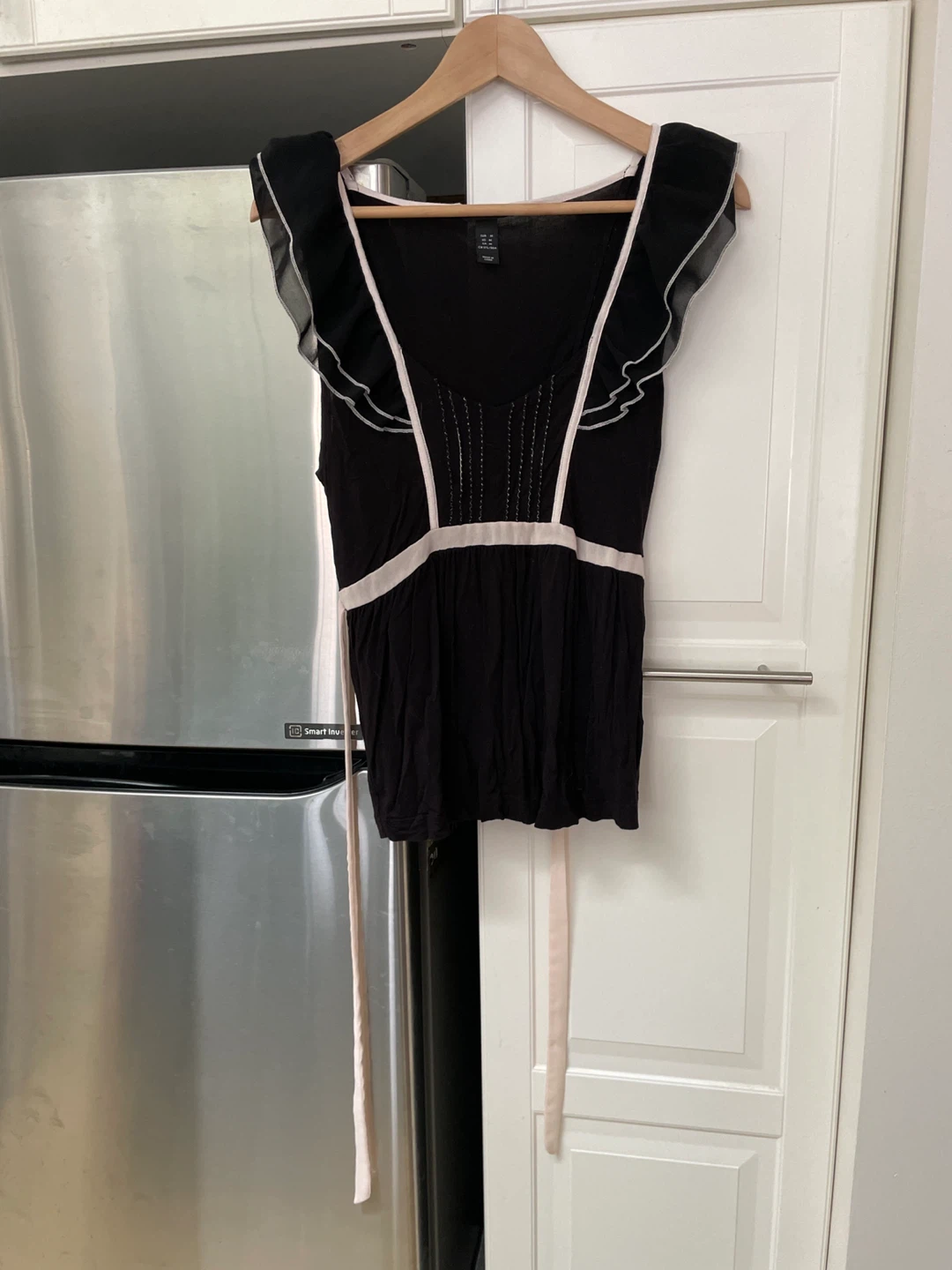 H & M Black Top with Ruffle Sleeves and Ribbon Tie