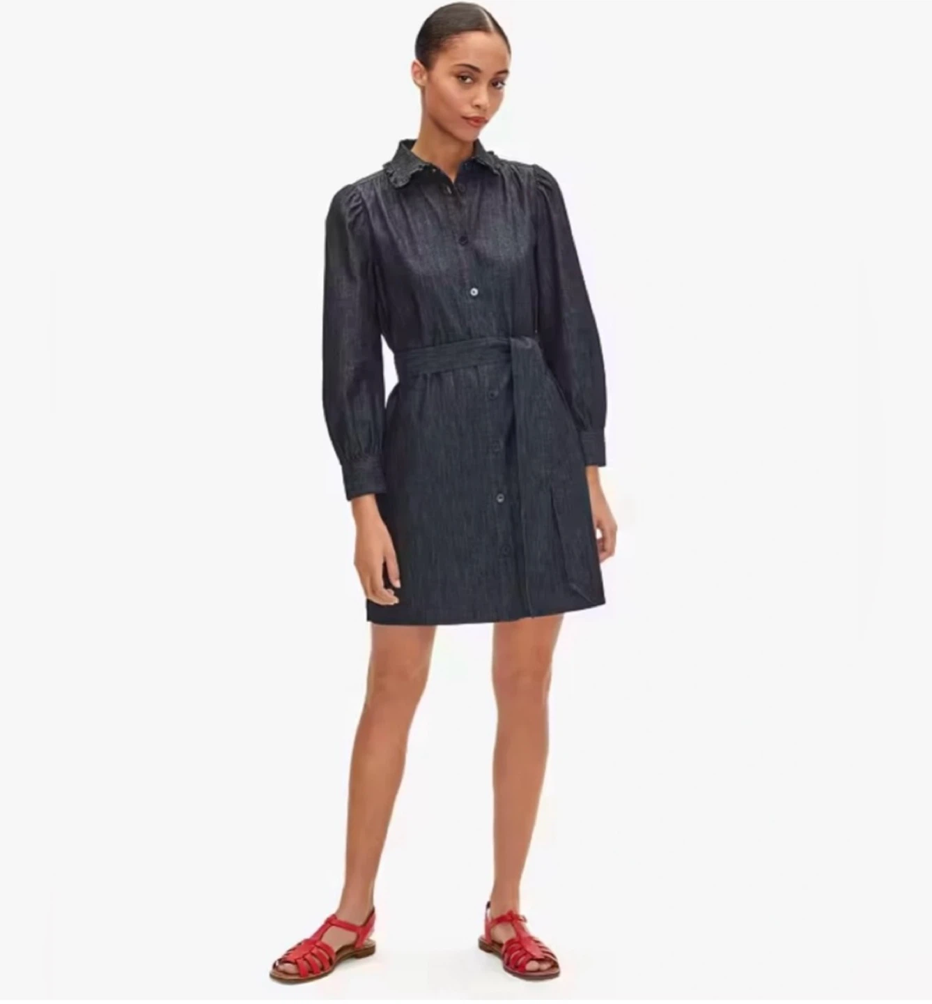 Kate Spade Ruffle Dark Blue Long Sleeve Shirtdress Size S/M