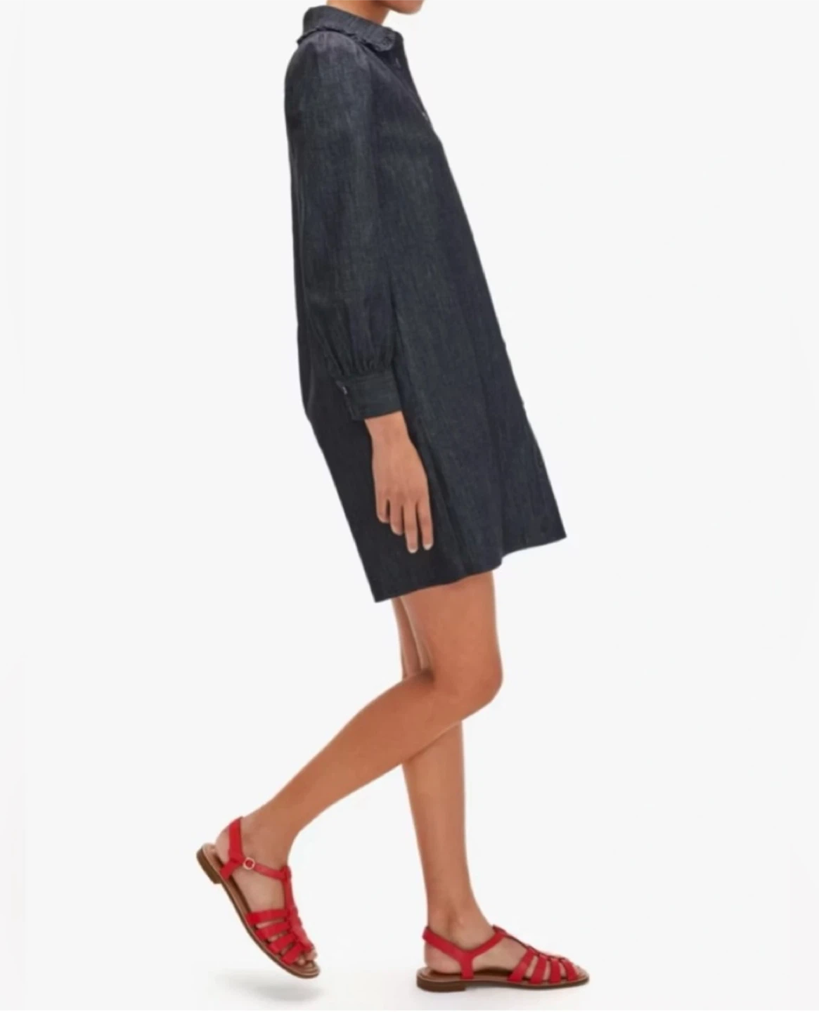 Kate Spade Ruffle Dark Blue Long Sleeve Shirtdress Size S/M - photo 3