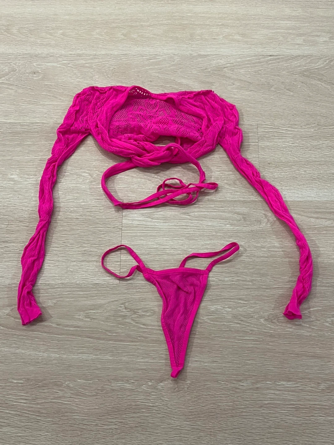 Hot Pink Mesh Cover-up Long Sleeve with Thong