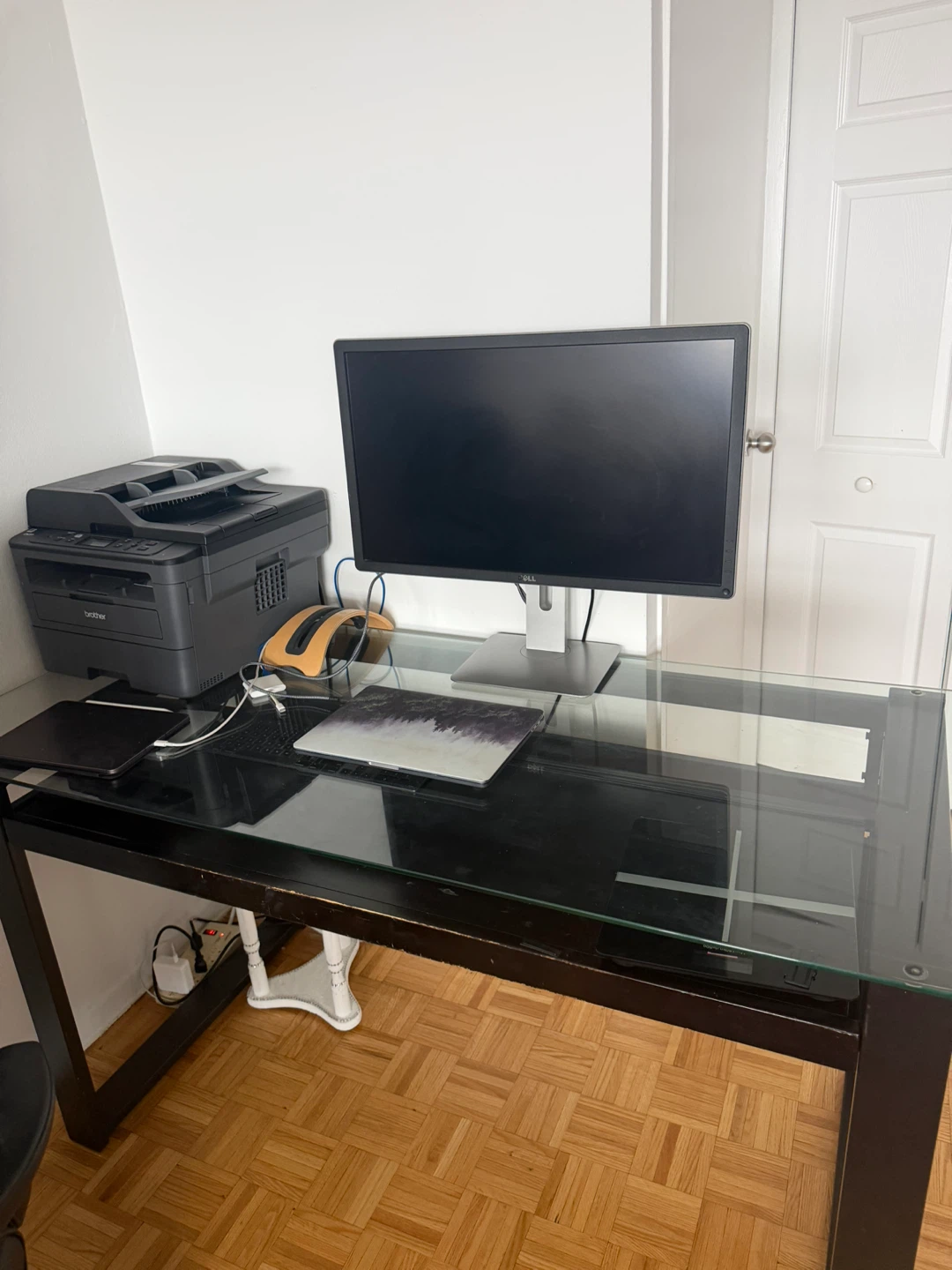 Glass Top Desk with Dark Wood Frame