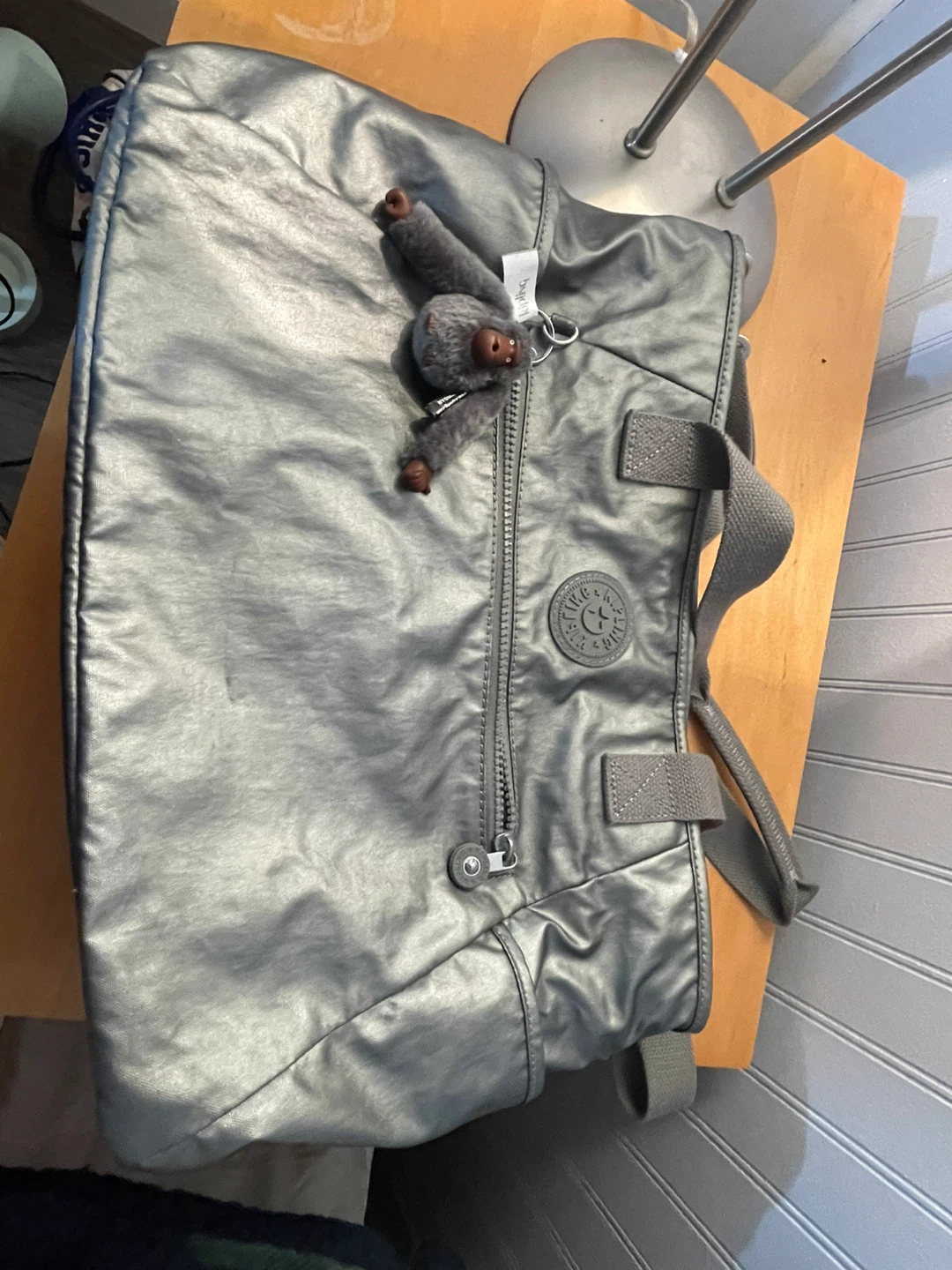 Kipling Grey Metallic Tote Bag with Monkey Charm