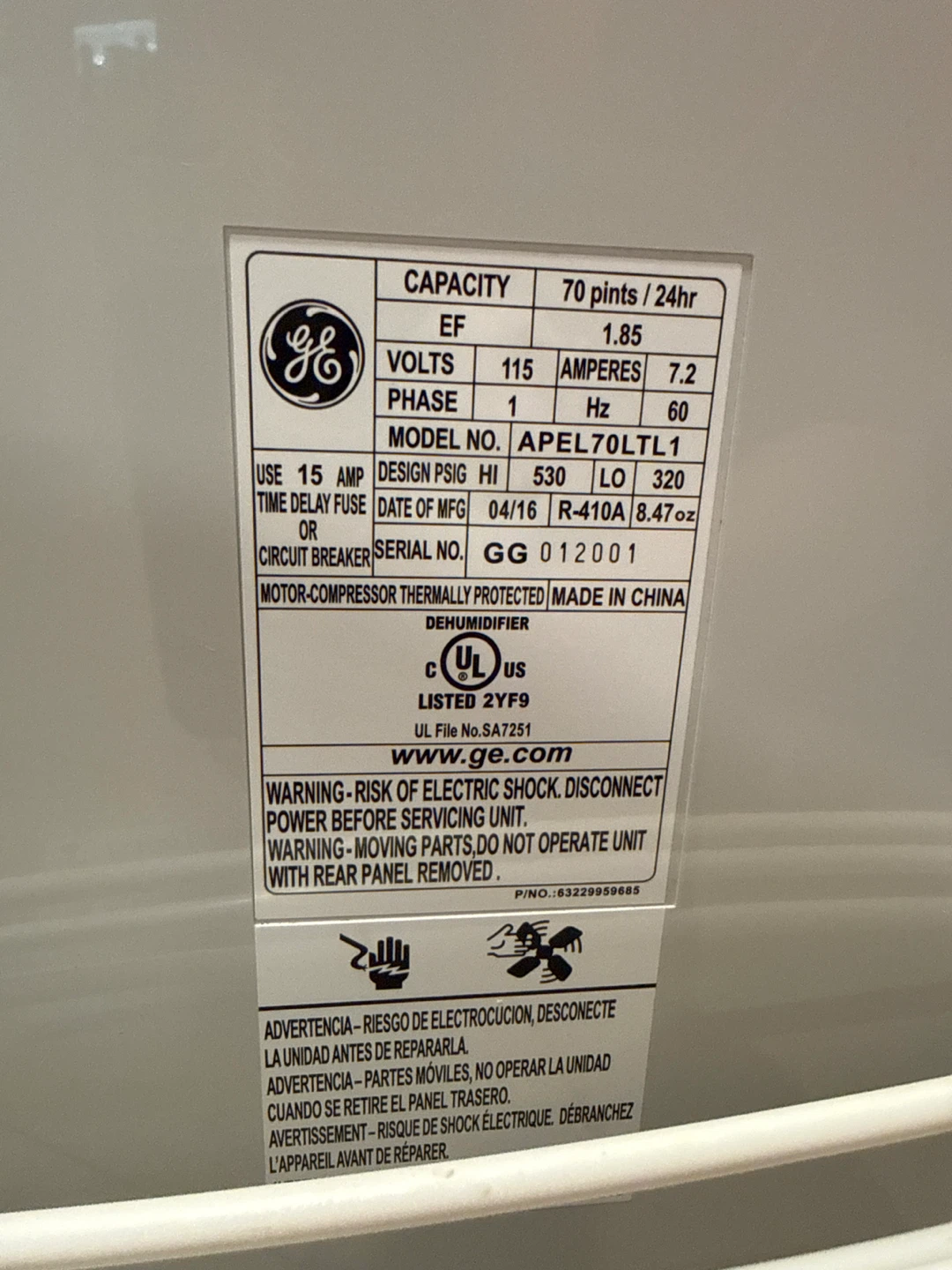 GE Dehumidifier APEL70TLTL1 - 70 Pints/Day - photo 5