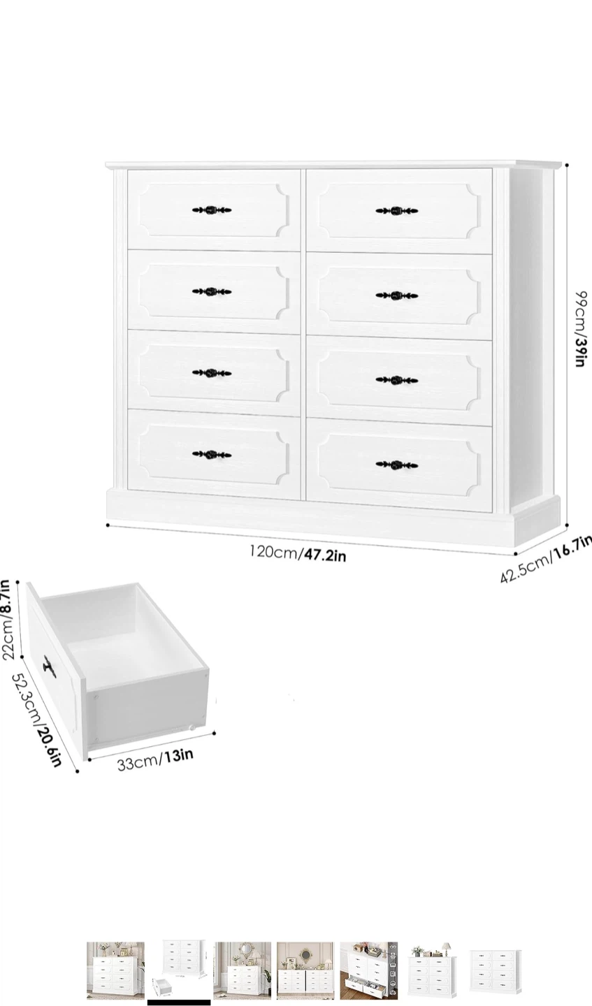 Finetone, White wood 8-Drawer Dresser Chest - photo 4