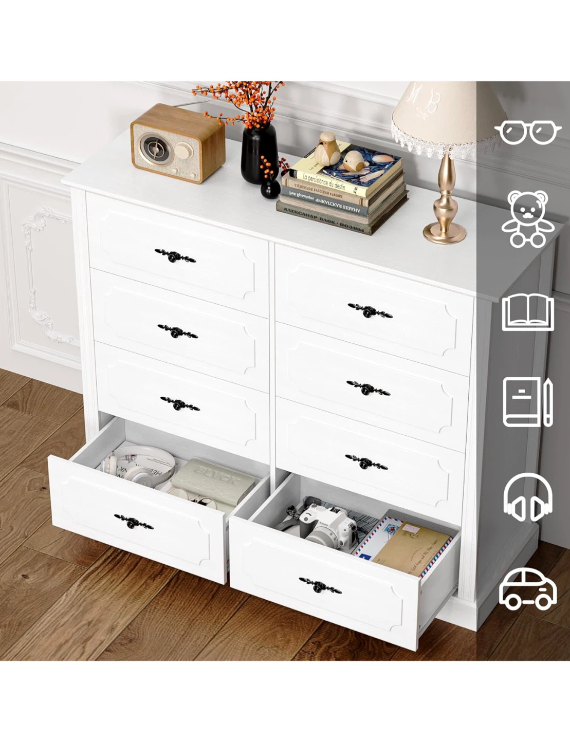 Finetone, White wood 8-Drawer Dresser Chest - photo 5