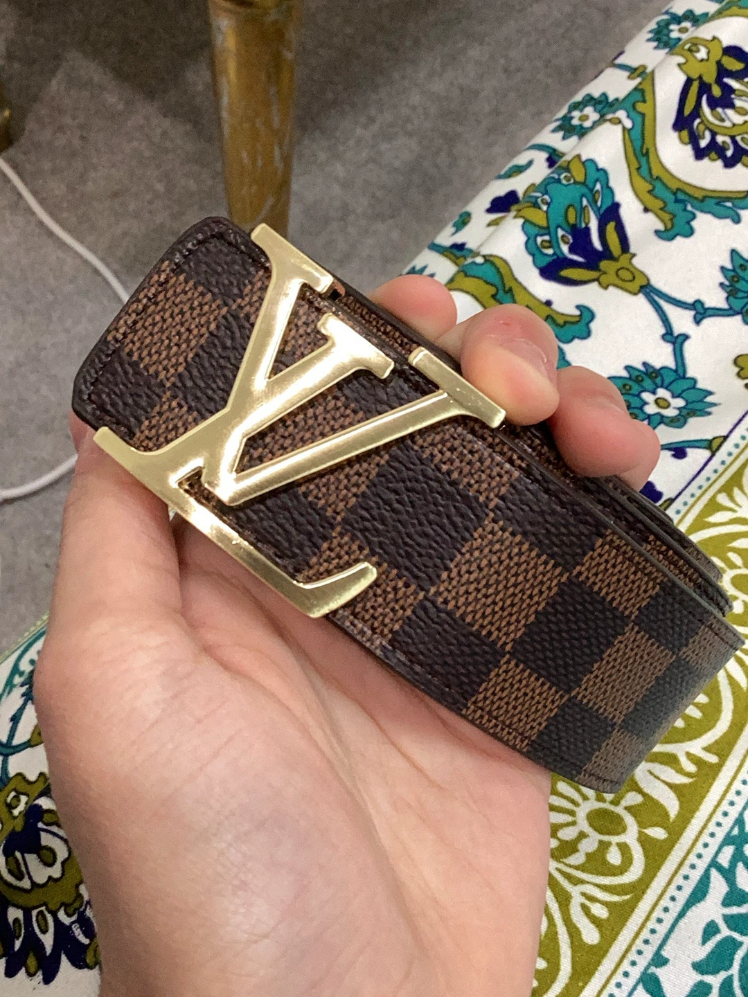 Louis Vuitton Damier Ebene Canvas Belt with Gold LV Buckle
