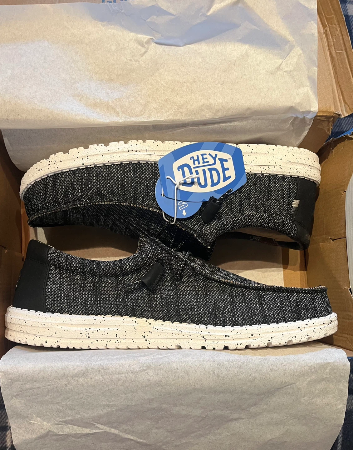 HEYDUDE Men’s Wally-Sox Stitch Black White Size 16.