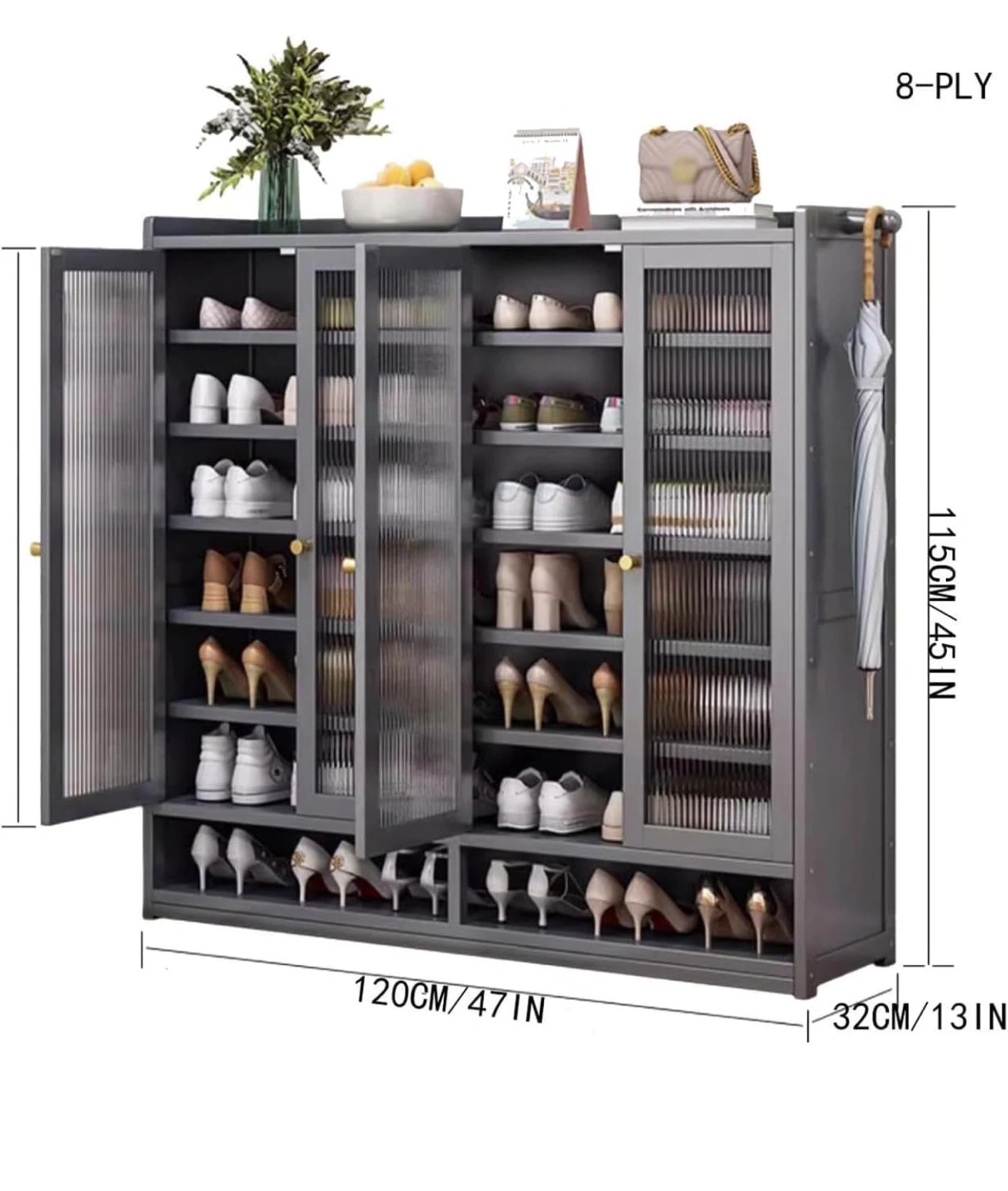Grey Shoe Cabinet with Glass Doors -approx 4ft