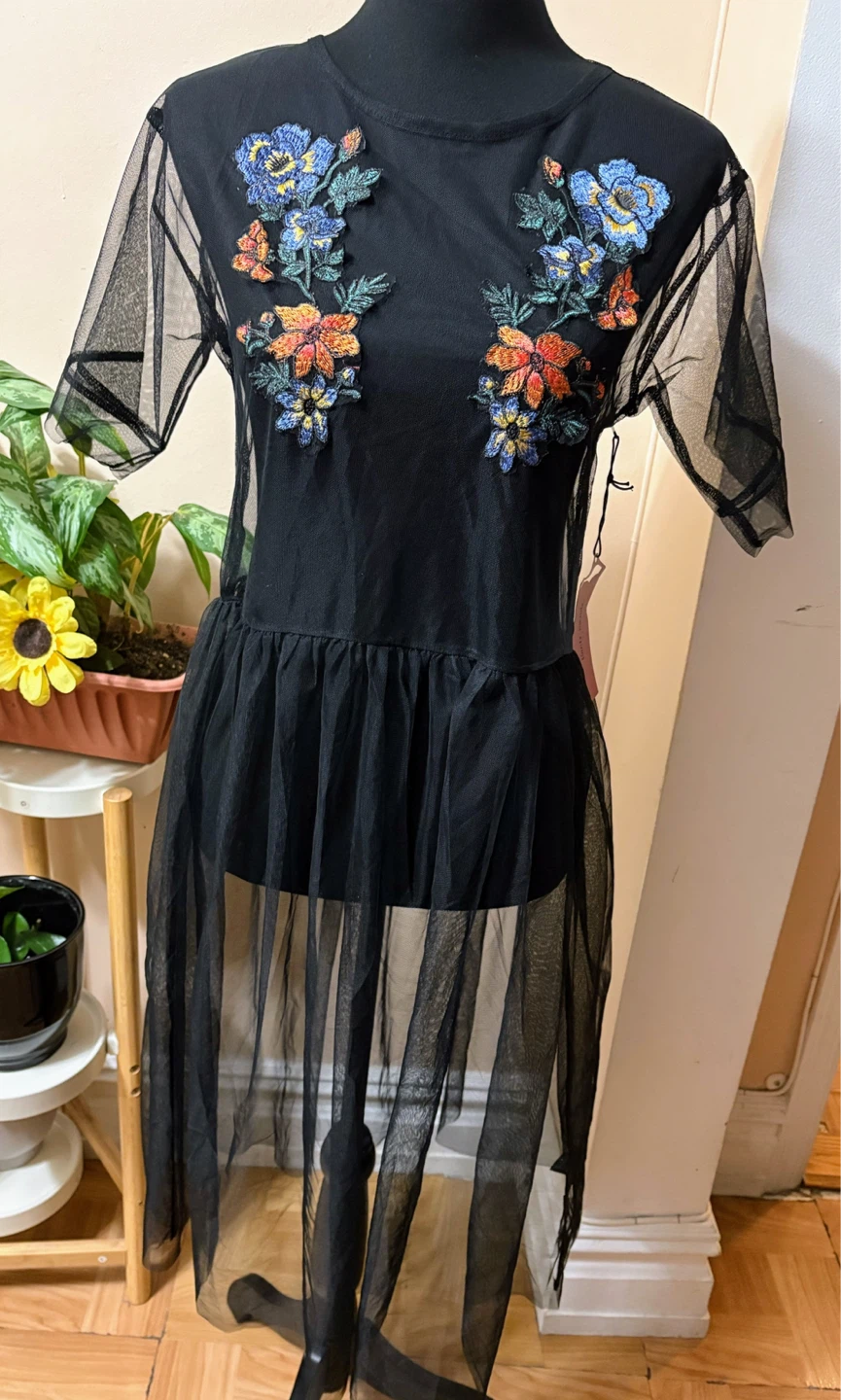 Haute Monde Black Embroidered Mesh Dress