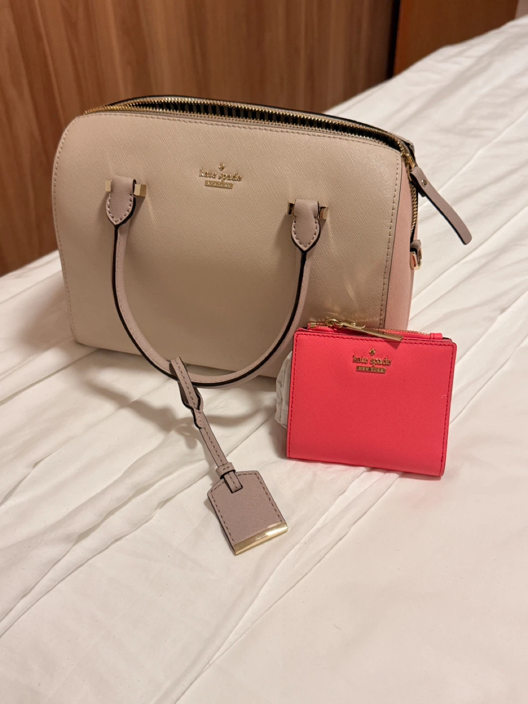 Kate Spade Satchel Purse and Wallet Set - Beige/Pink