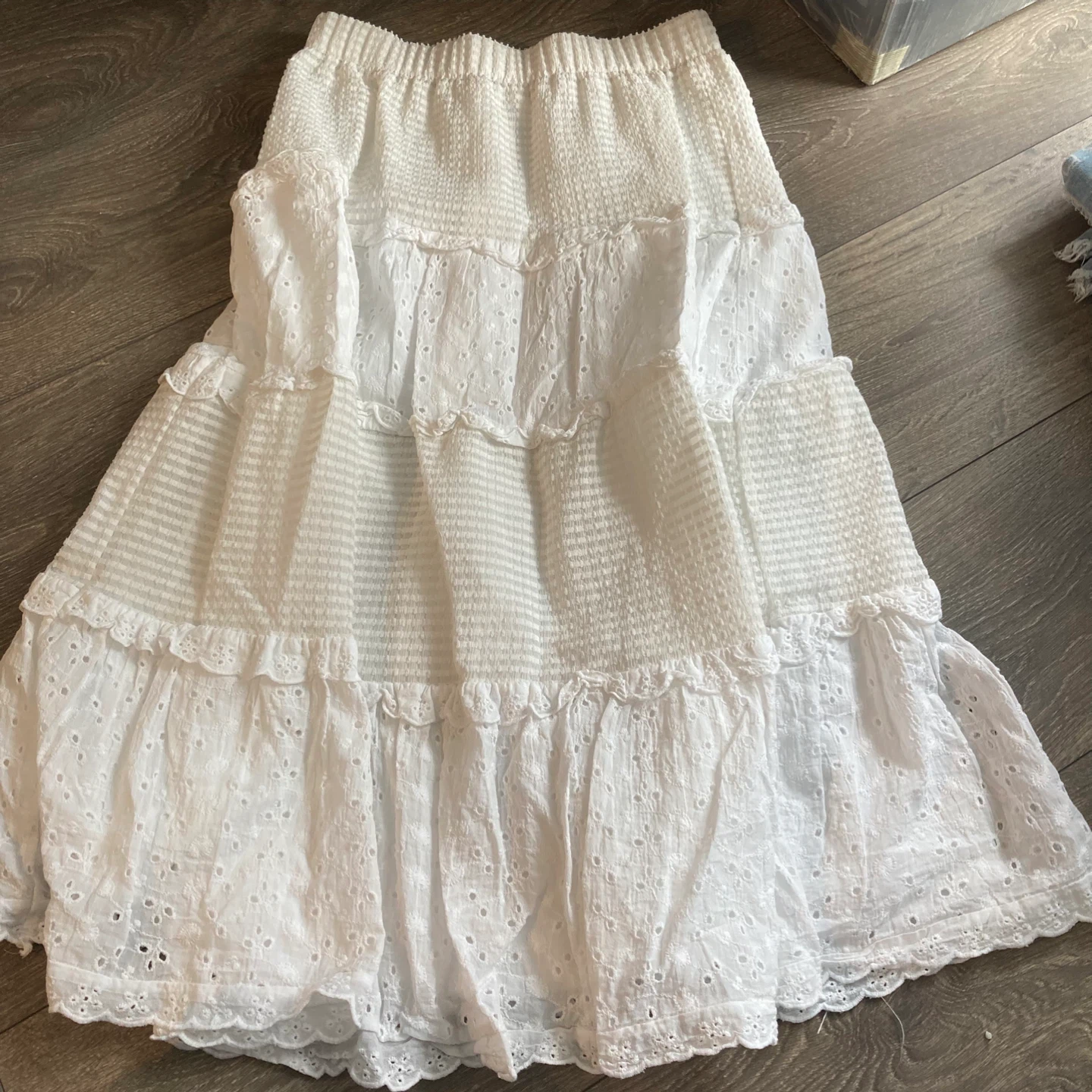 White Tiered Eyelet Midi Skirt