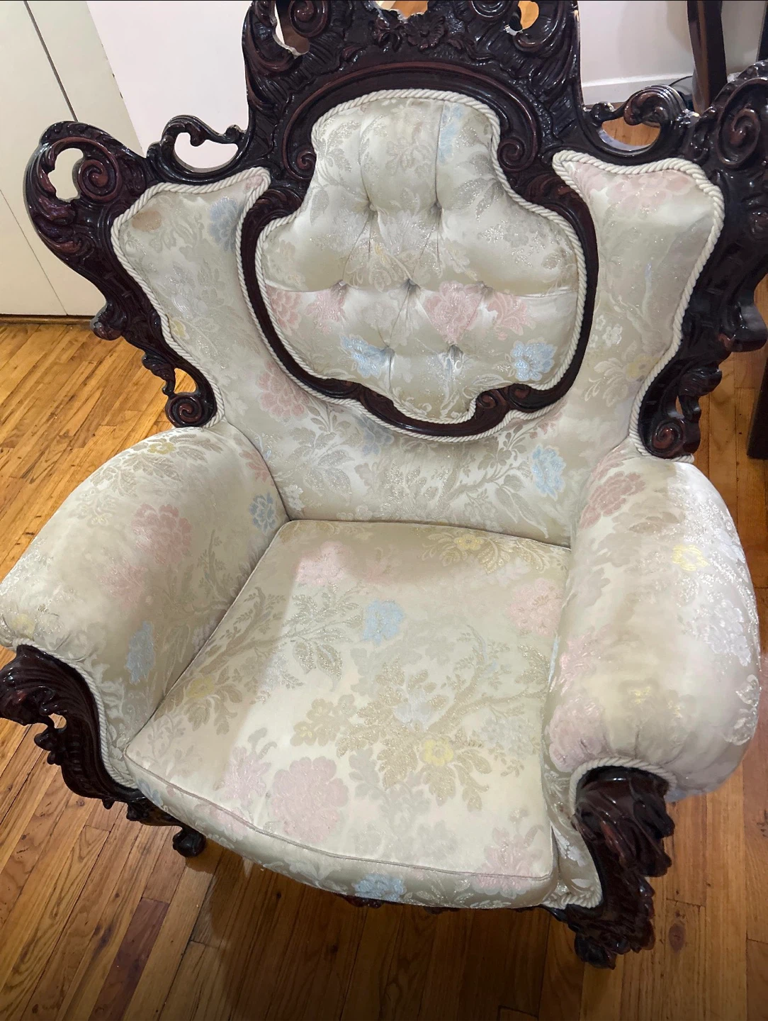 2 Vintage Ornate Carved Wood set - Floral Upholstery