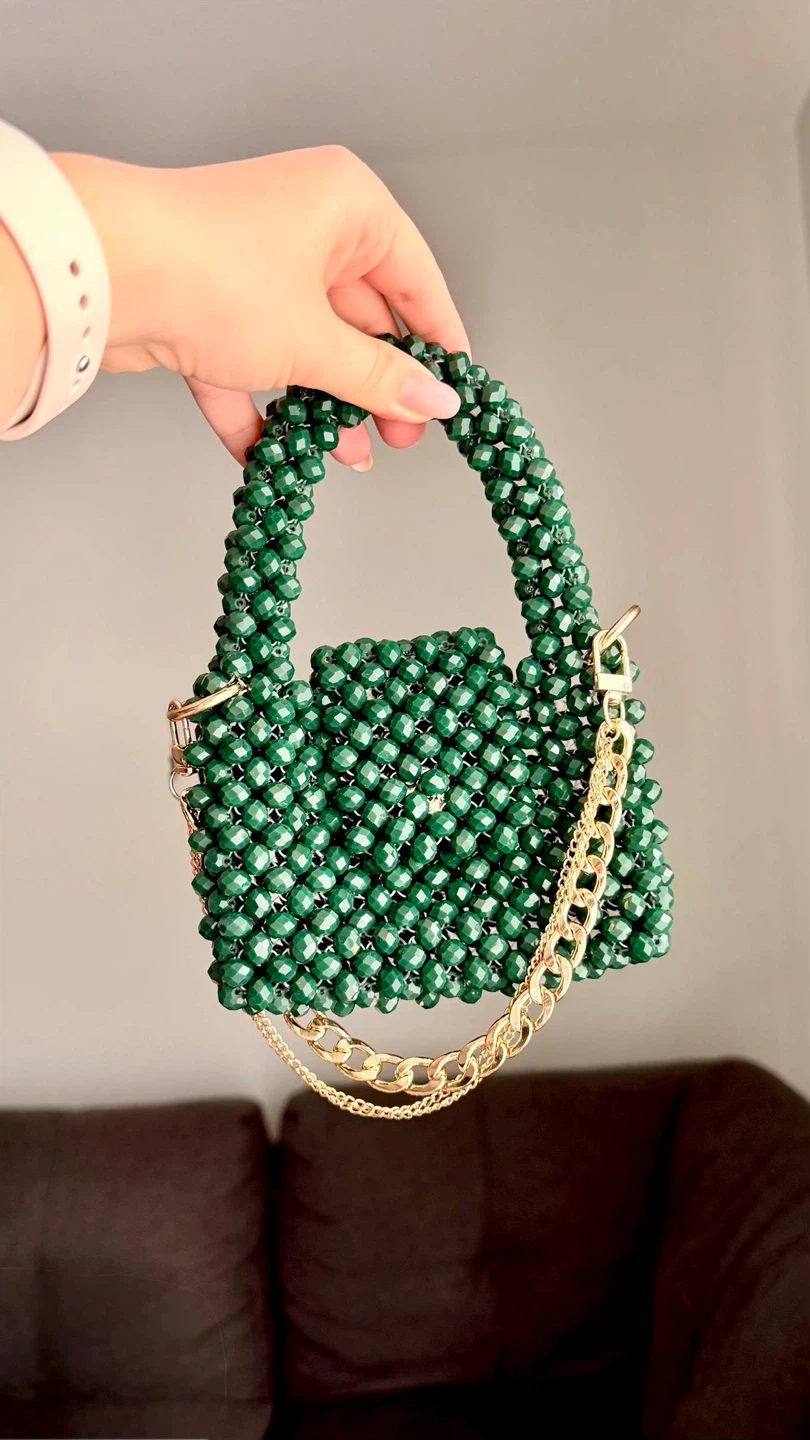 Green Beaded Handbag with Gold Chain