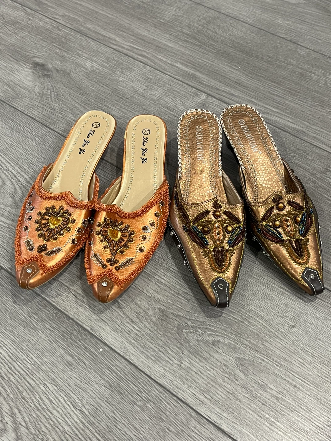 Embellished Pointed Toe Mules - Copper & Gold