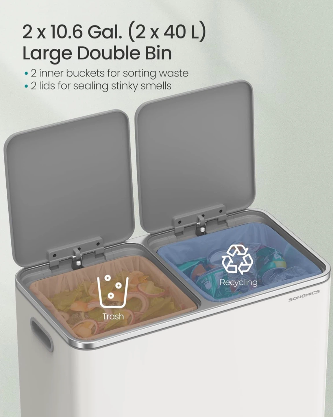 SONGMICS 2 x 10.6 Gal Double Bin Trash Can - photo 3