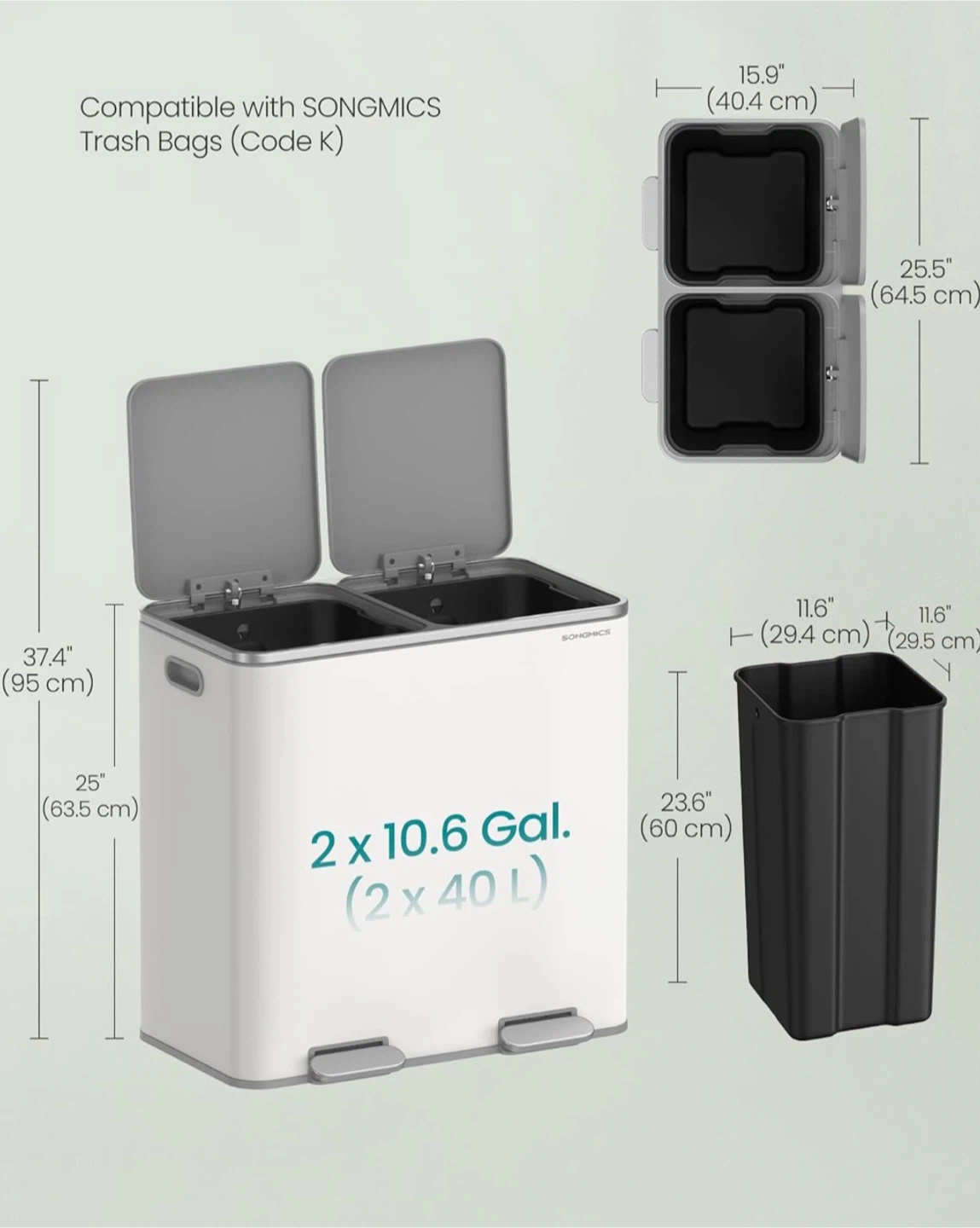SONGMICS 2 x 10.6 Gal Double Bin Trash Can - photo 2
