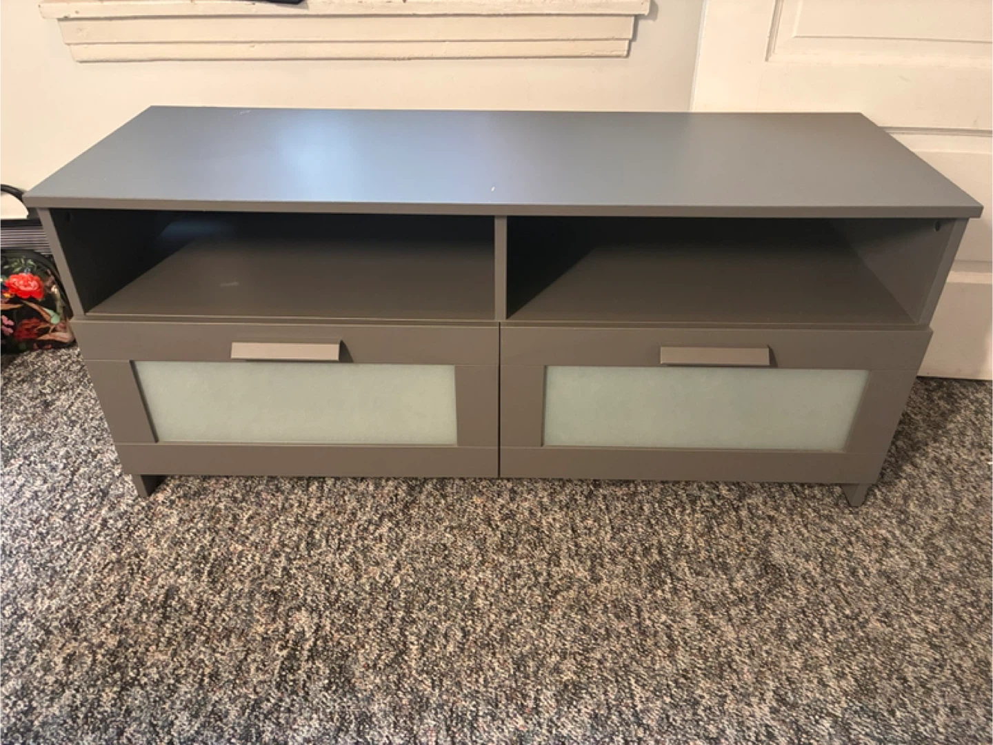 Gray media console with Storage Drawers