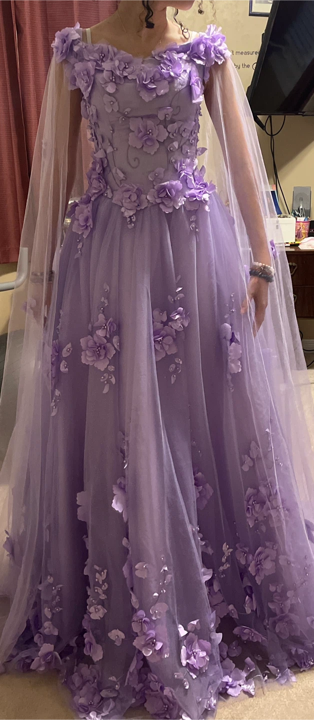 Purple Tulle Gown with 3D Flowers and Cape