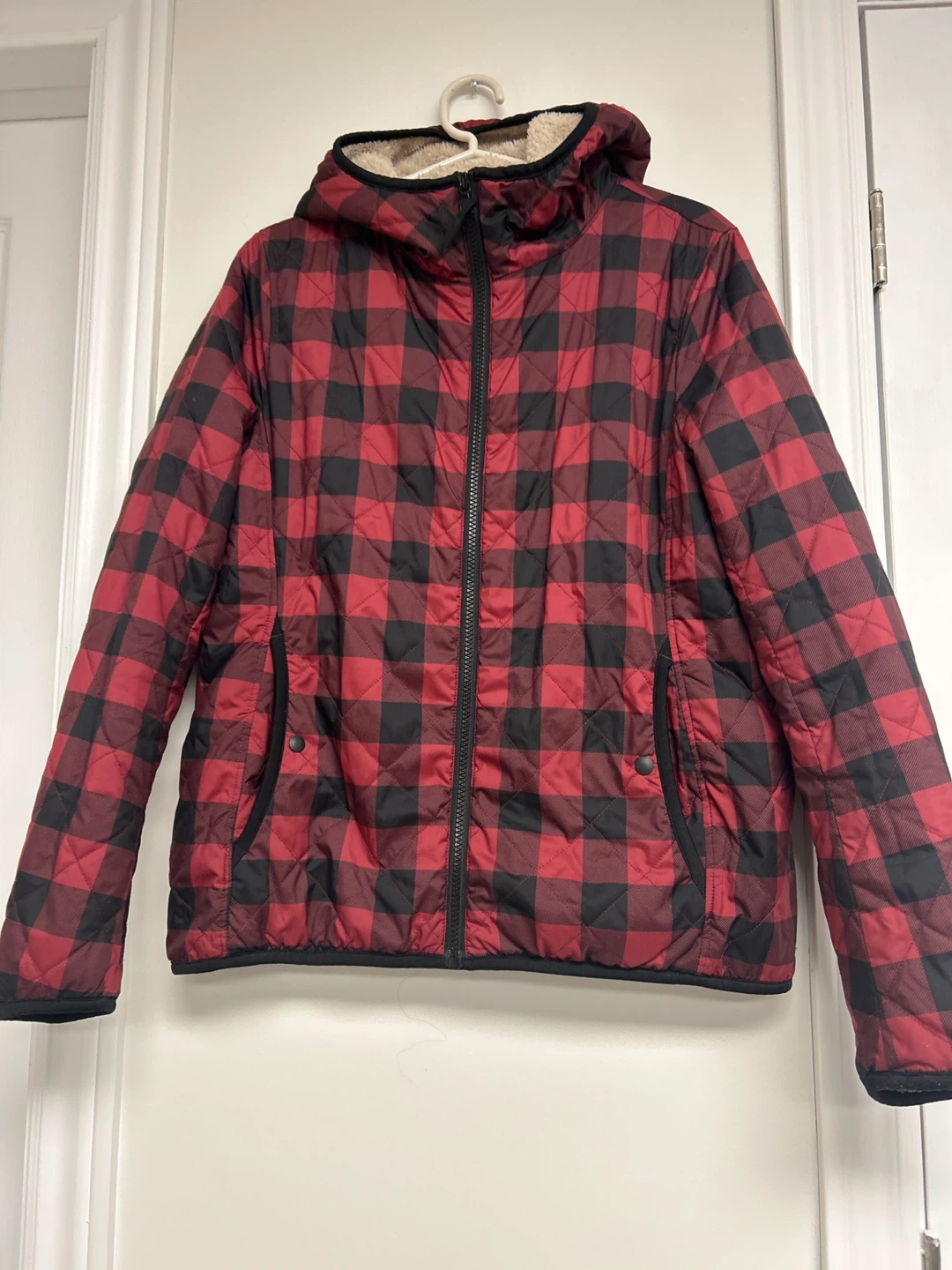 Quilted buffalo plaid sherpa lined hooded jacket
