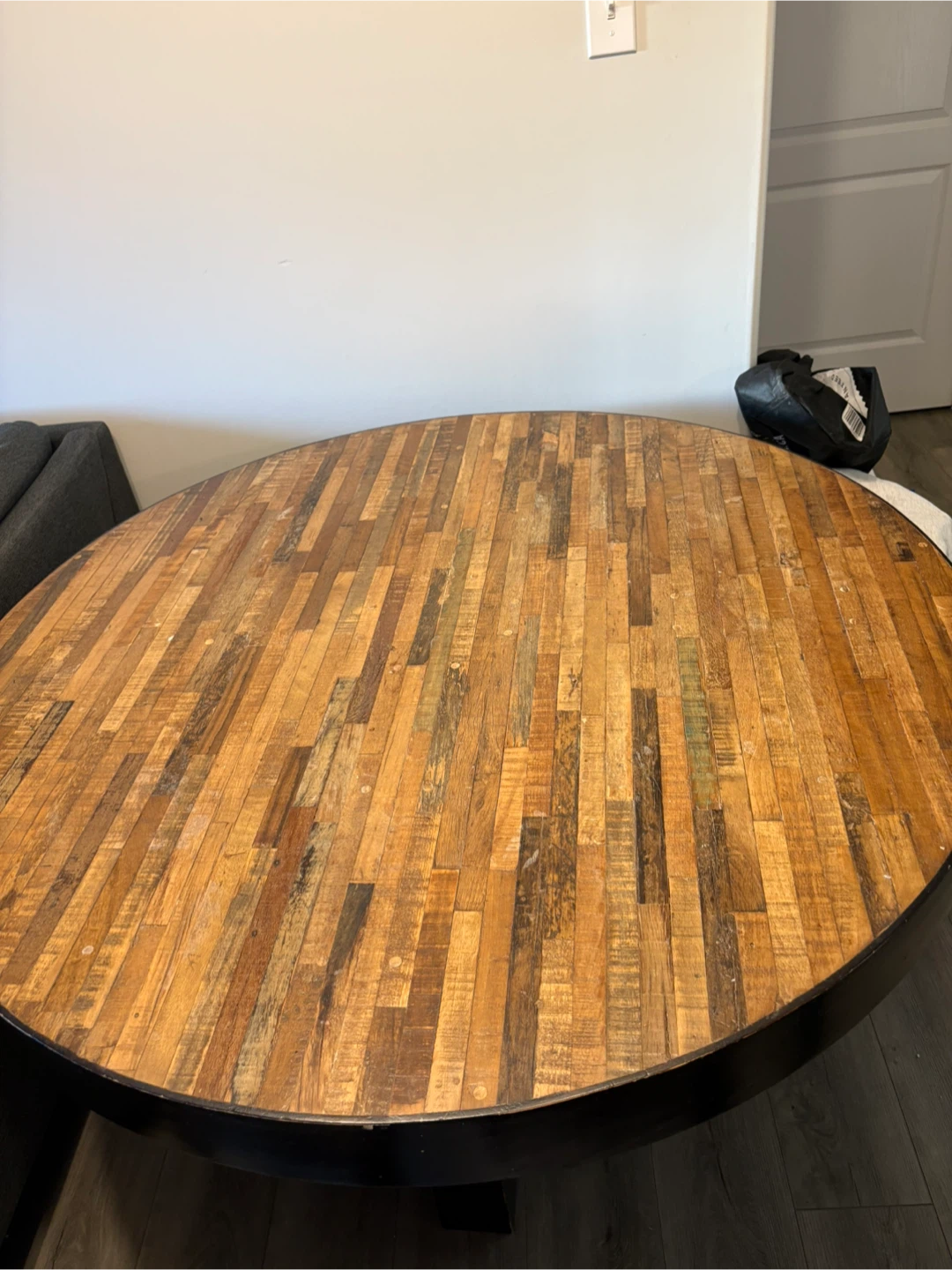 Round Reclaimed Wood dining Table with Black Base - photo 2