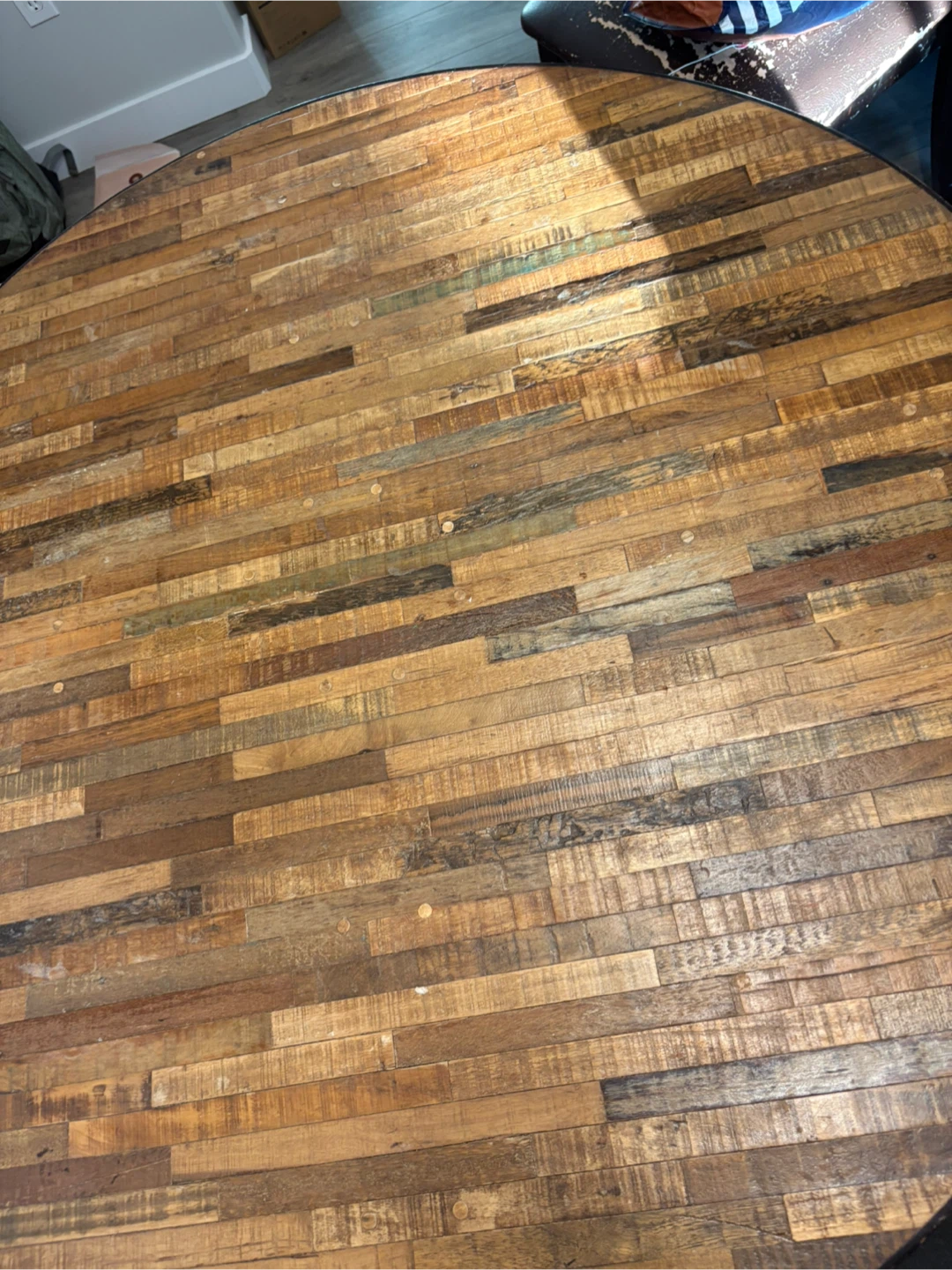 Round Reclaimed Wood dining Table with Black Base - photo 5